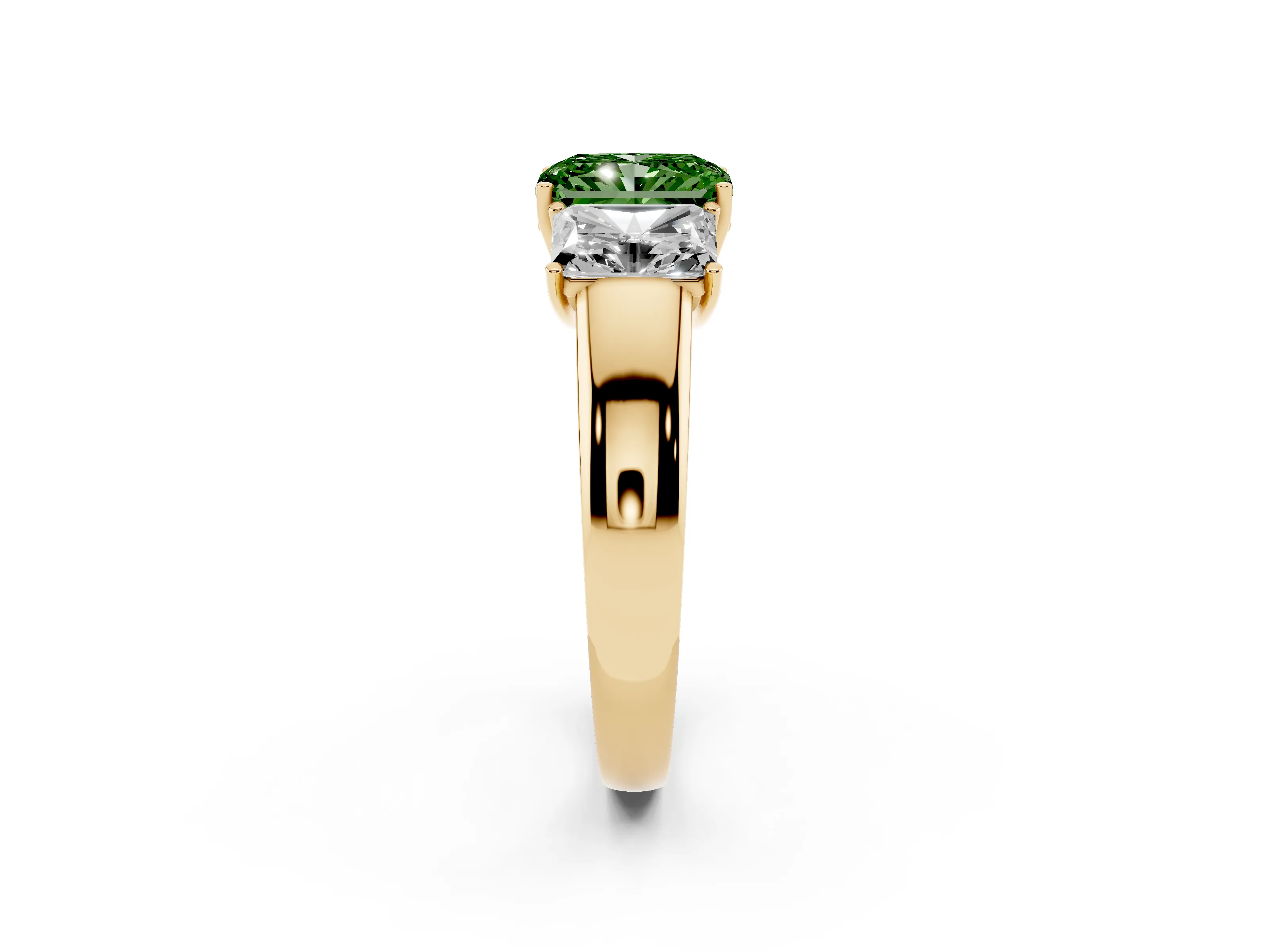 Fancy Green Three-Stone Radiant Cut Diamond Ring Set in Yellow gold with Matching Prong Settings and Plain Band