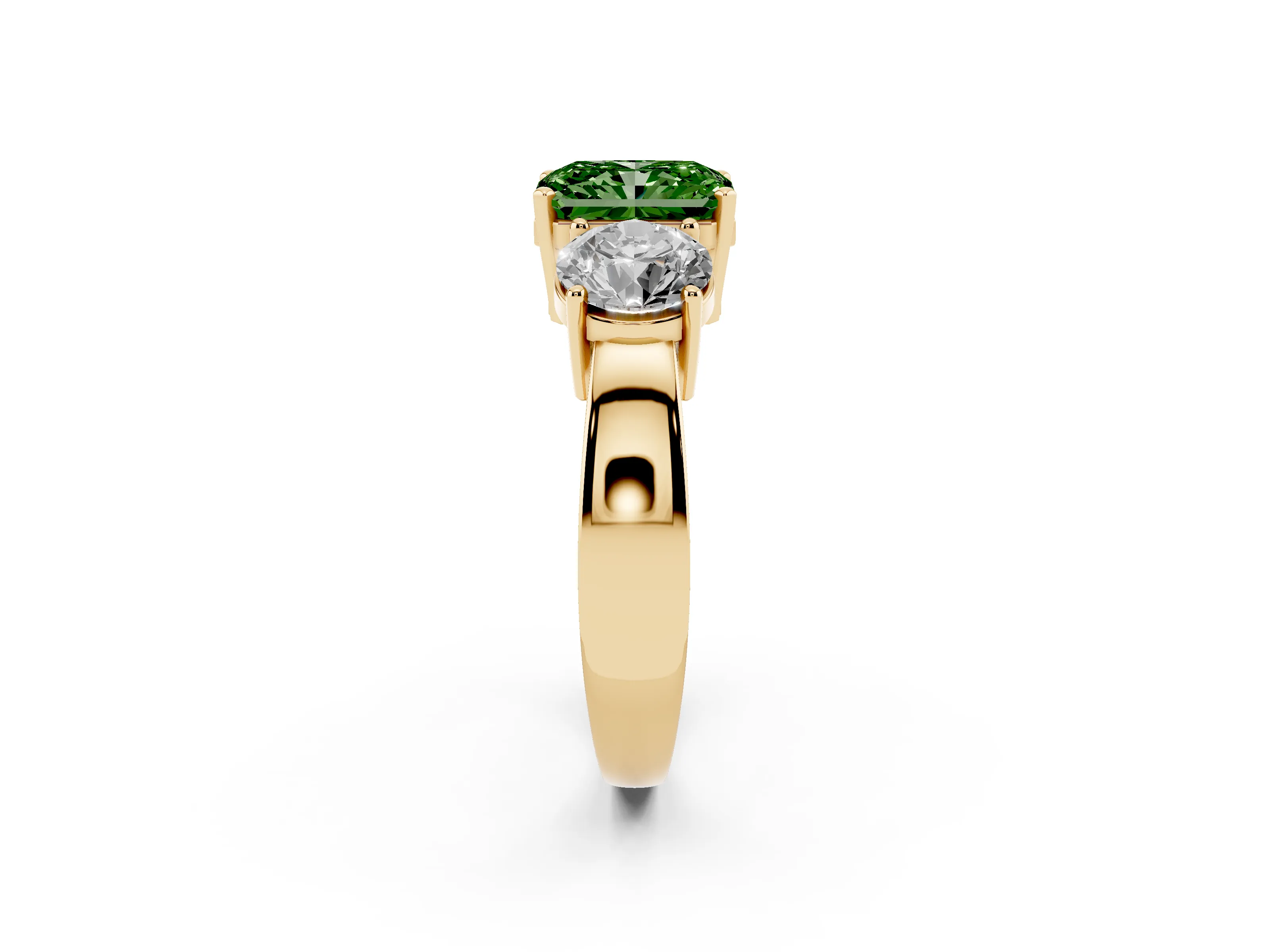 Fancy Green Radiant Cut Diamond Three-Stone Ring Set in Yellow gold with Round Side Stones and Classic Band