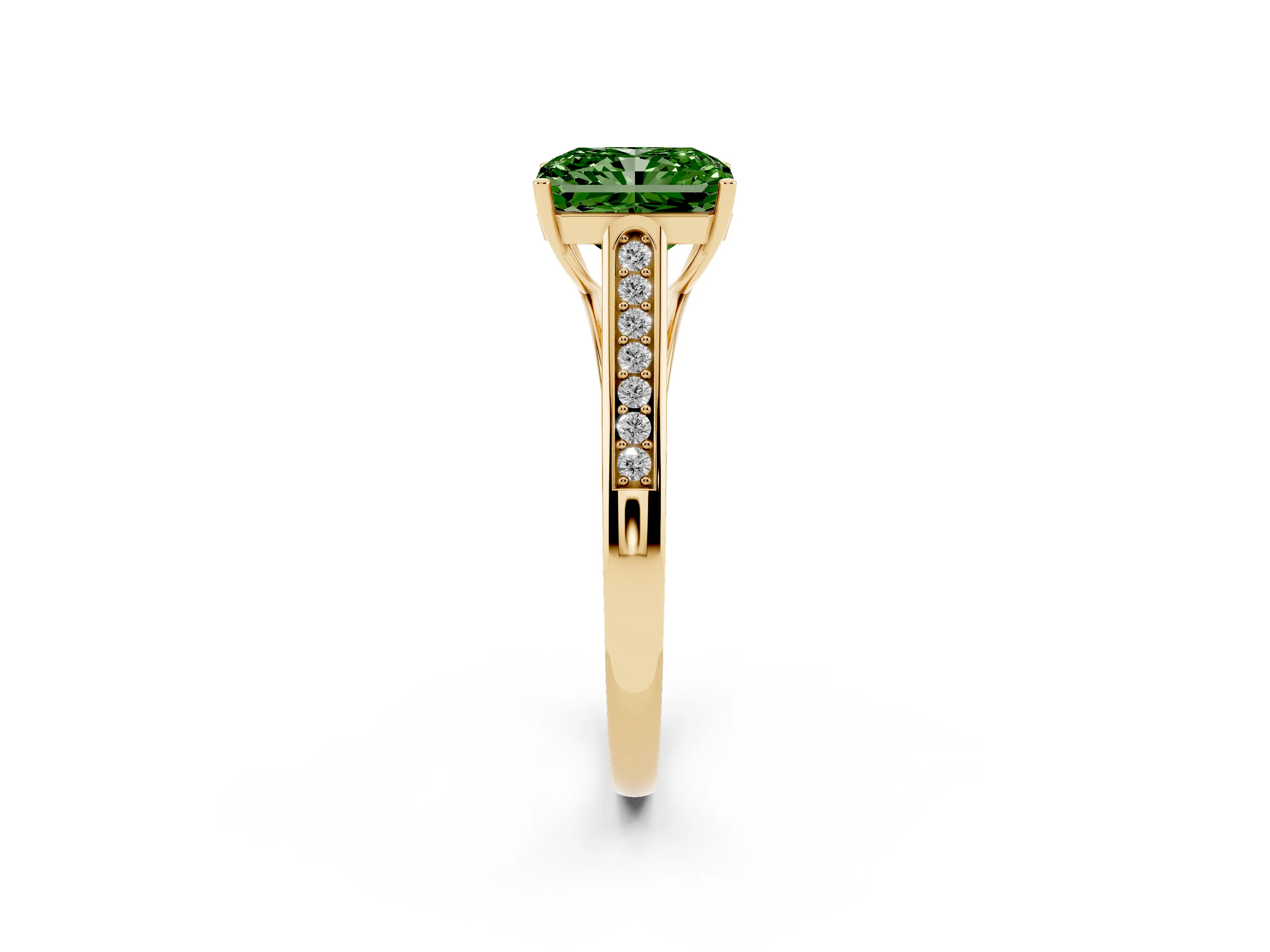 Fancy Green Radiant Cut Diamond Solitaire Cathedral Engagement Ring Set in Yellow gold with Channel-Set Band and Prong Setting