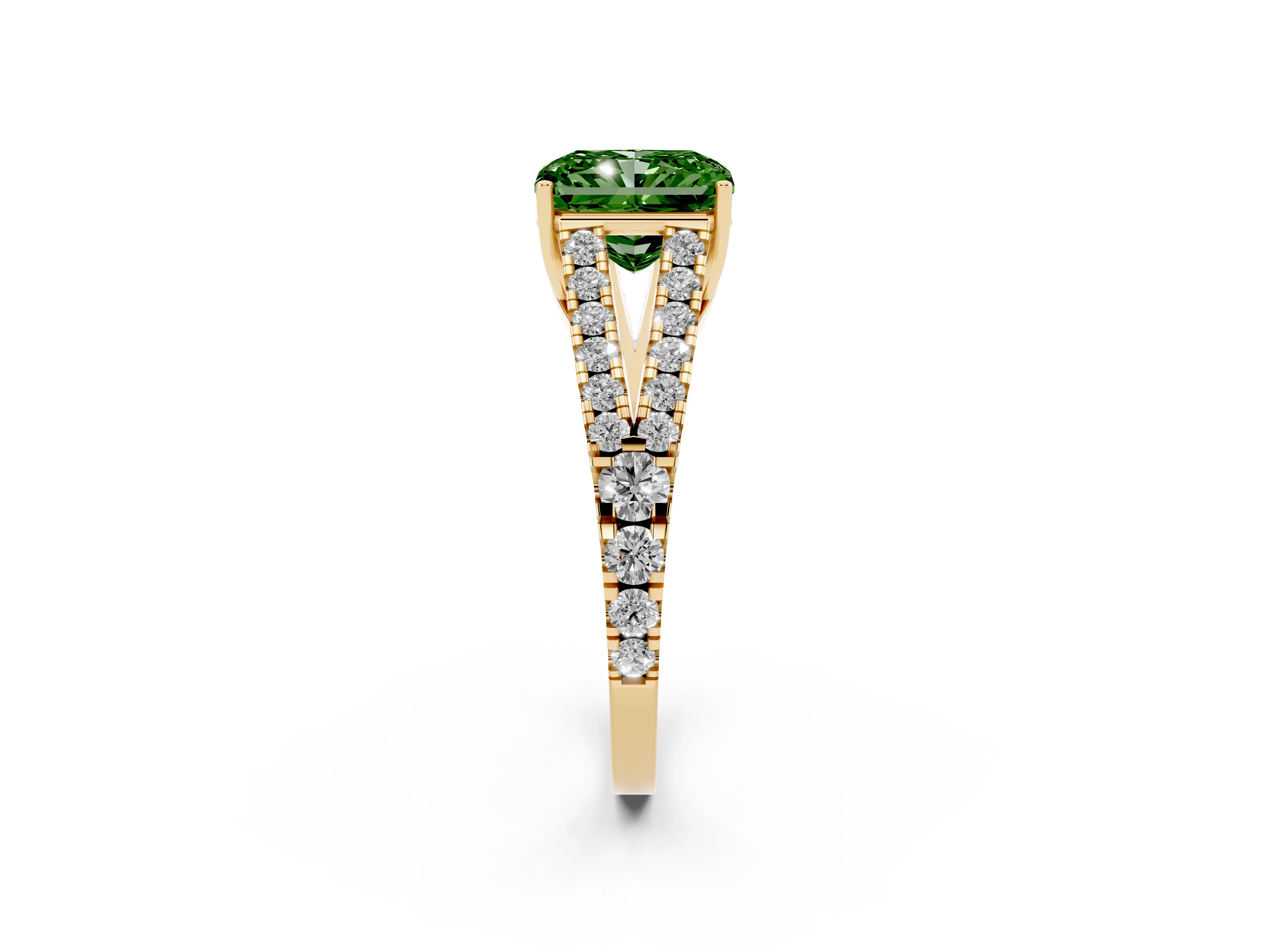 Fancy Green Radiant Cut Diamond Split Shank Pavé Engagement Ring Set in Yellow gold with Prong-Held Center Stone