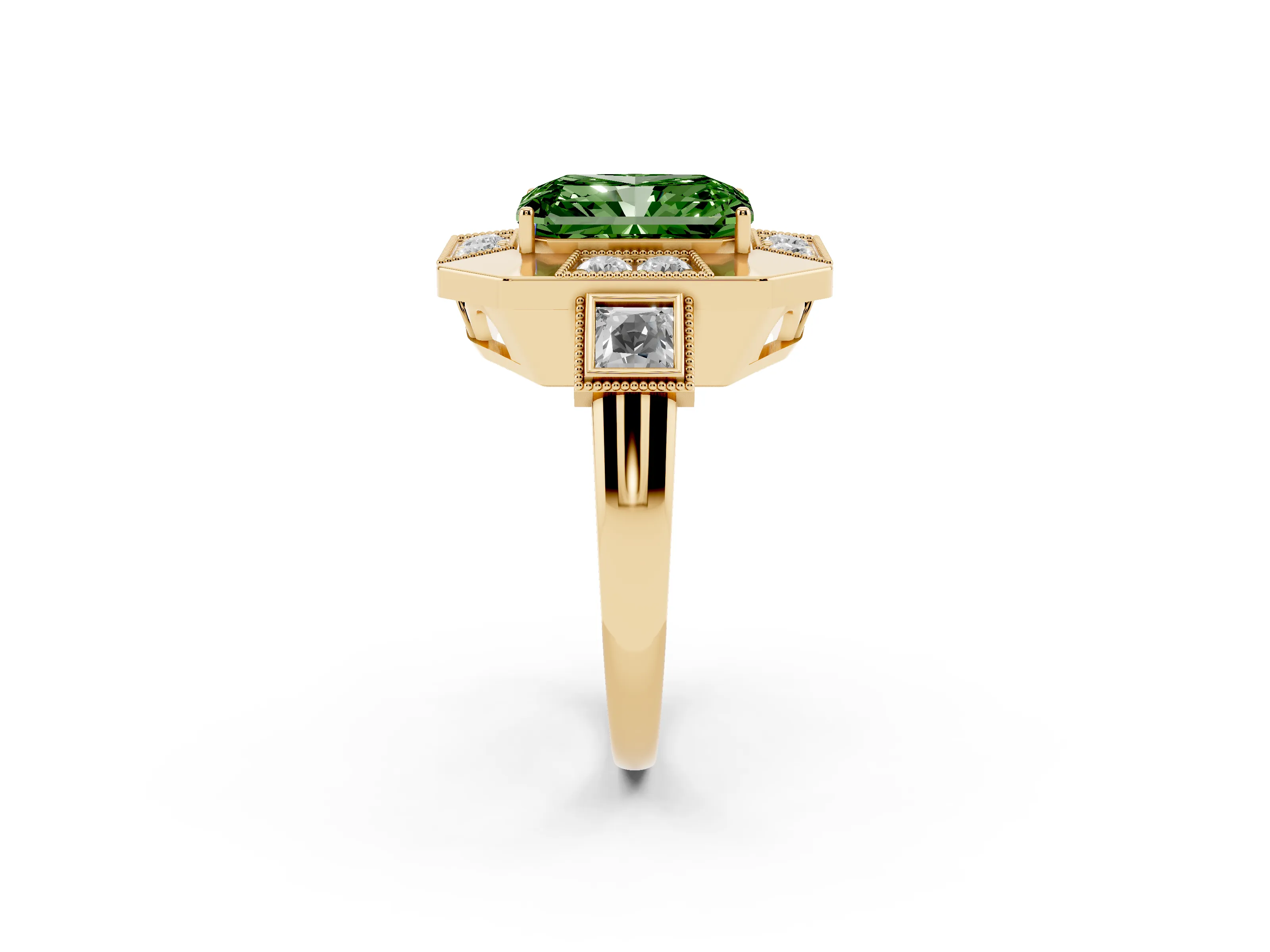 Fancy Green Radiant Cut Diamond Milgrain Halo Ring Set in Yellow gold with Split Shank