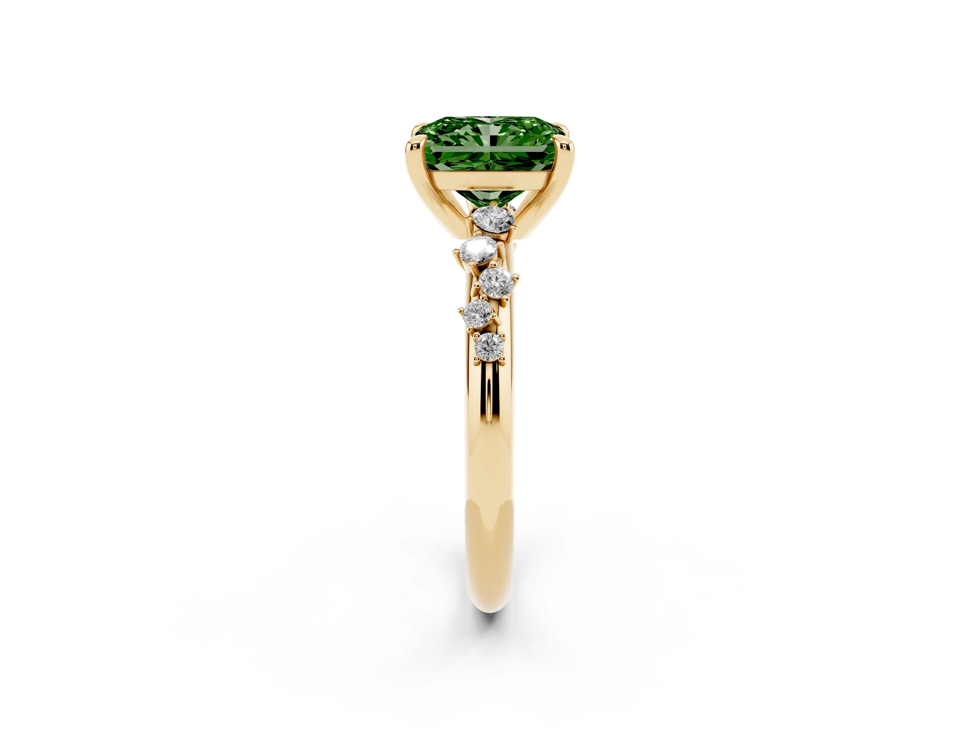 Fancy Green Radiant Cut Diamond Solitaire Vine Band Ring Set in Yellow gold with Round Accents and Prong Setting