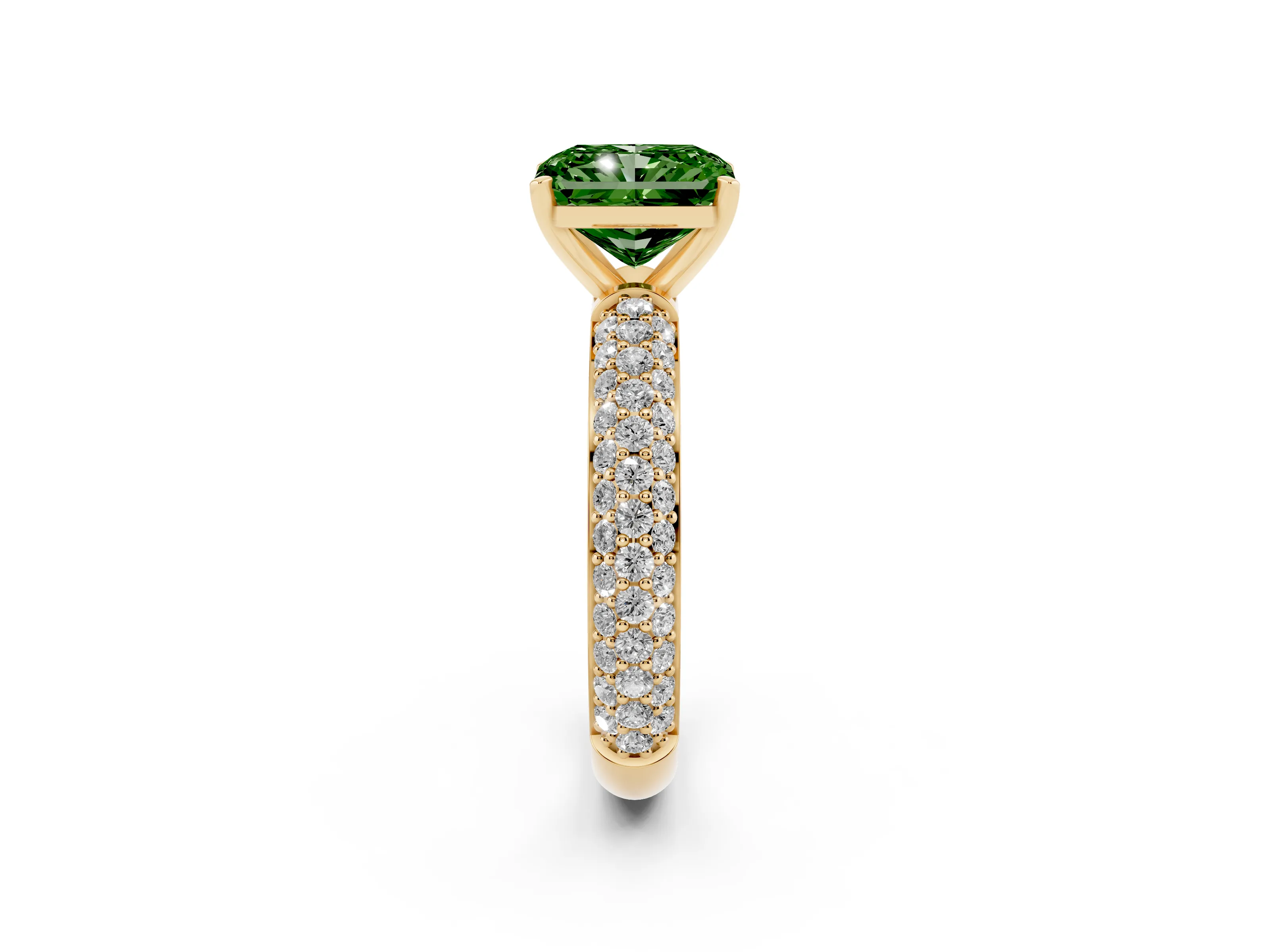Fancy Green Radiant Cut Diamond Solitaire Ring Set in Yellow gold with Prong Setting and Pavé-Set Band