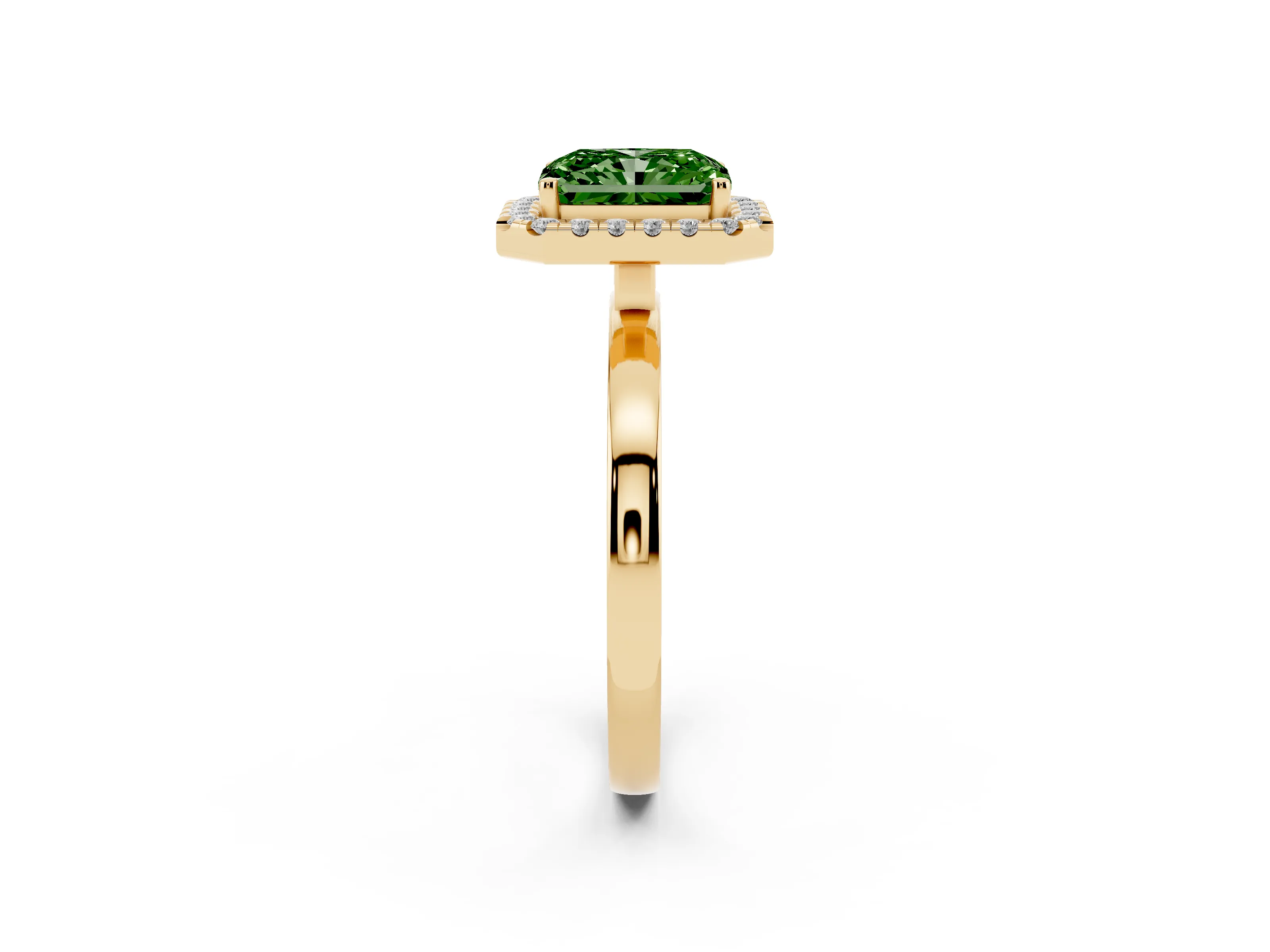 Fancy Green Radiant Cut Diamond Halo Solitaire Ring Set in Yellow gold with Pavé Band and Prong Setting
