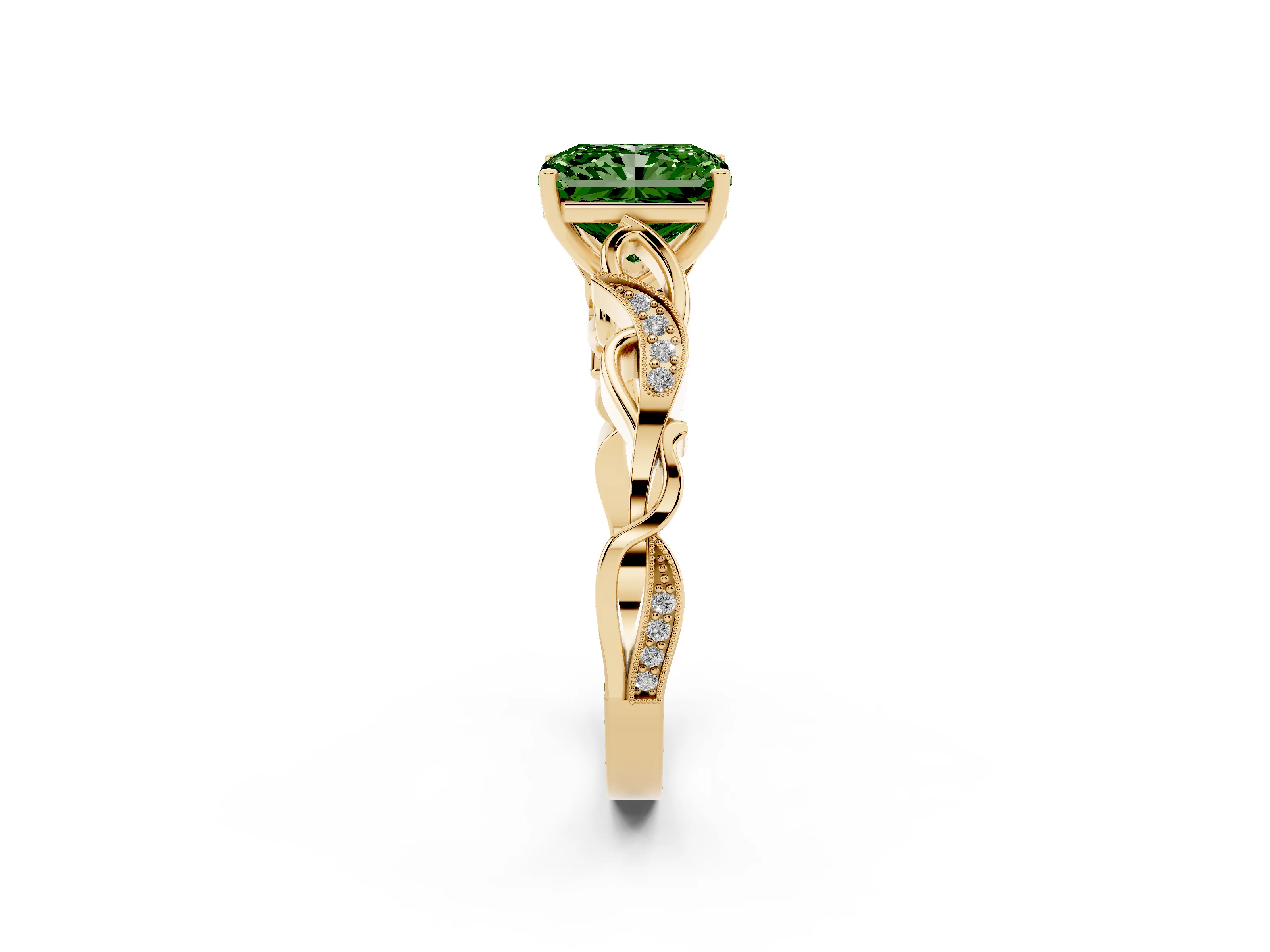 Fancy Green Radiant Cut Diamond Vine Band Solitaire Ring Set in Yellow gold with Milgrain Prong Setting