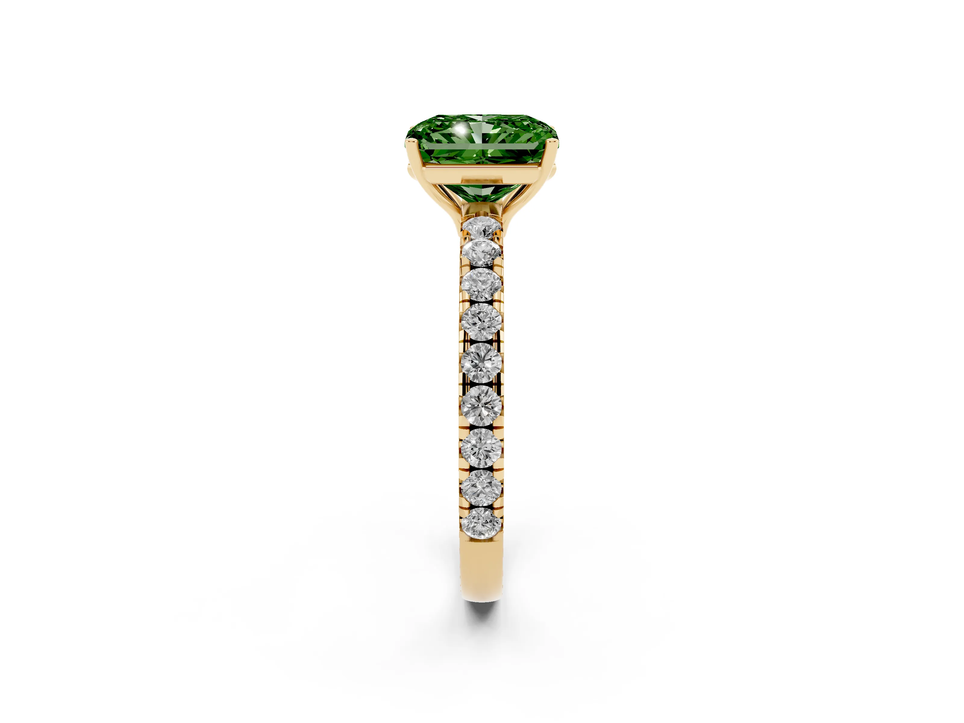 Fancy Green Radiant Cut Diamond Pavé Solitaire Engagement Ring Set in Yellow gold with Prong Setting