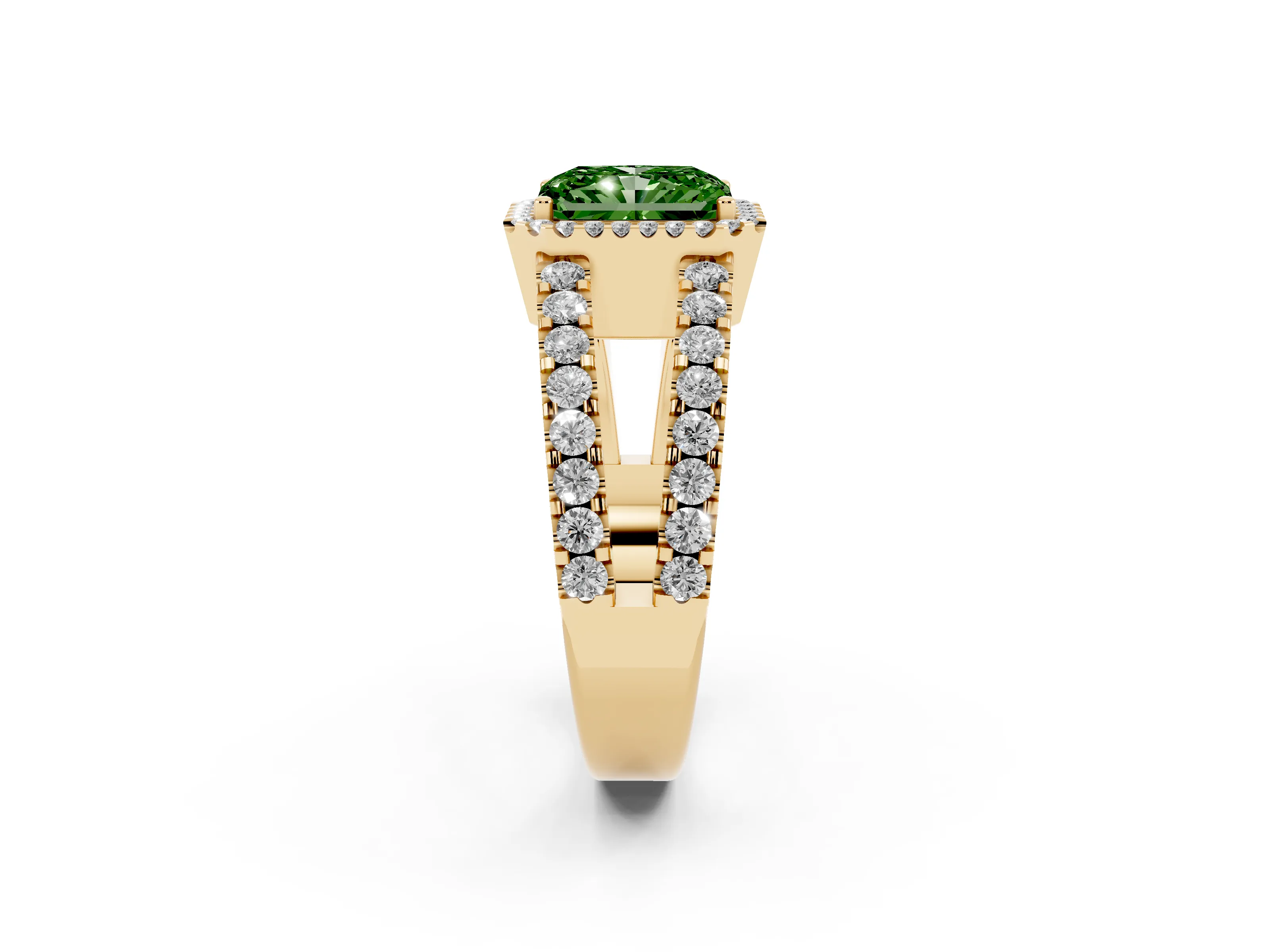 Fancy Green Radiant Cut Diamond Halo Ring Set in Yellow gold with Pavé Split Shank and Prong Setting