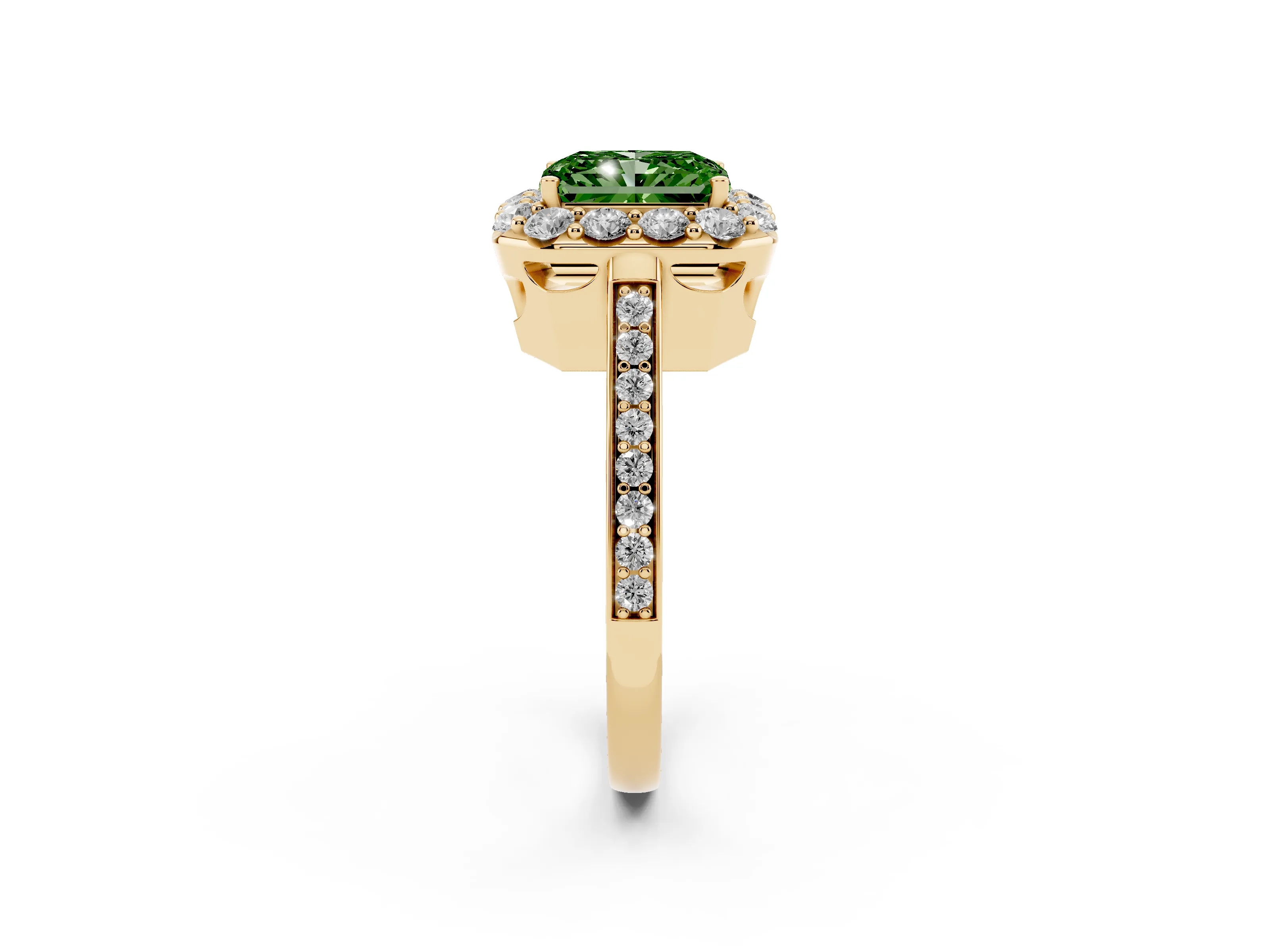 Fancy Green Radiant Cut Diamond Floral Halo Ring Set in Yellow gold with Pavé Band and Prong Setting
