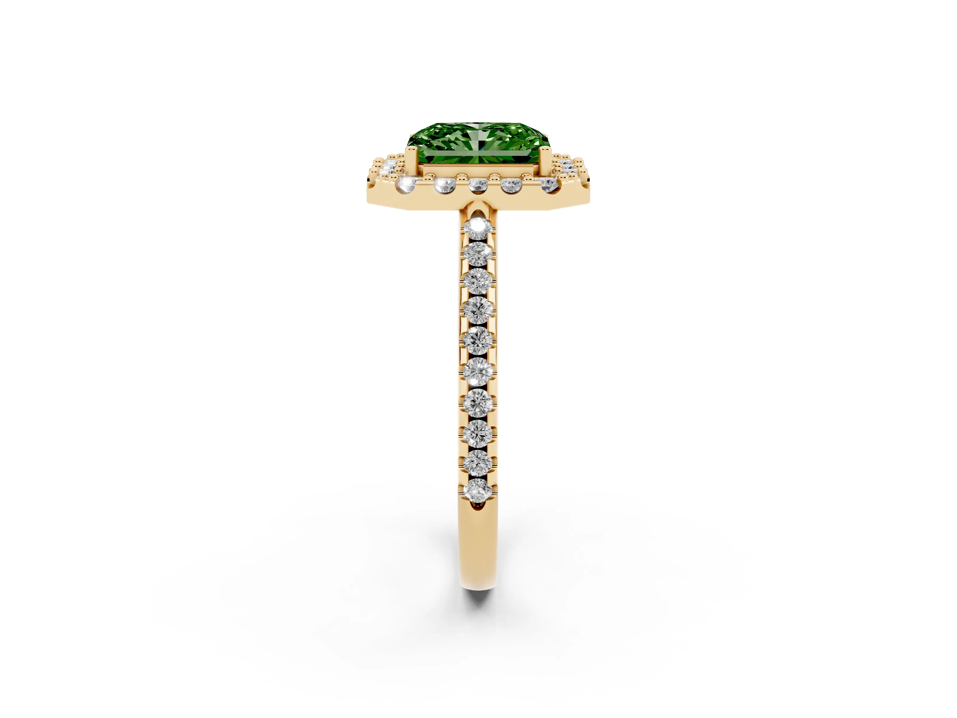 Fancy Green Radiant Cut Diamond Pavé Halo Ring Set in Yellow gold with Prong Setting