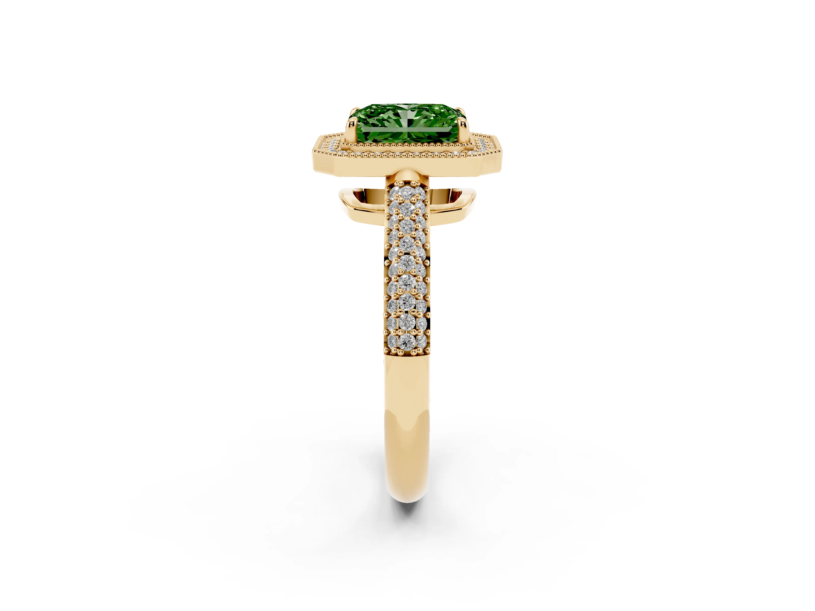 Fancy Green Radiant Cut Diamond Halo Pavé Band Set in Yellow gold with Prong Setting
