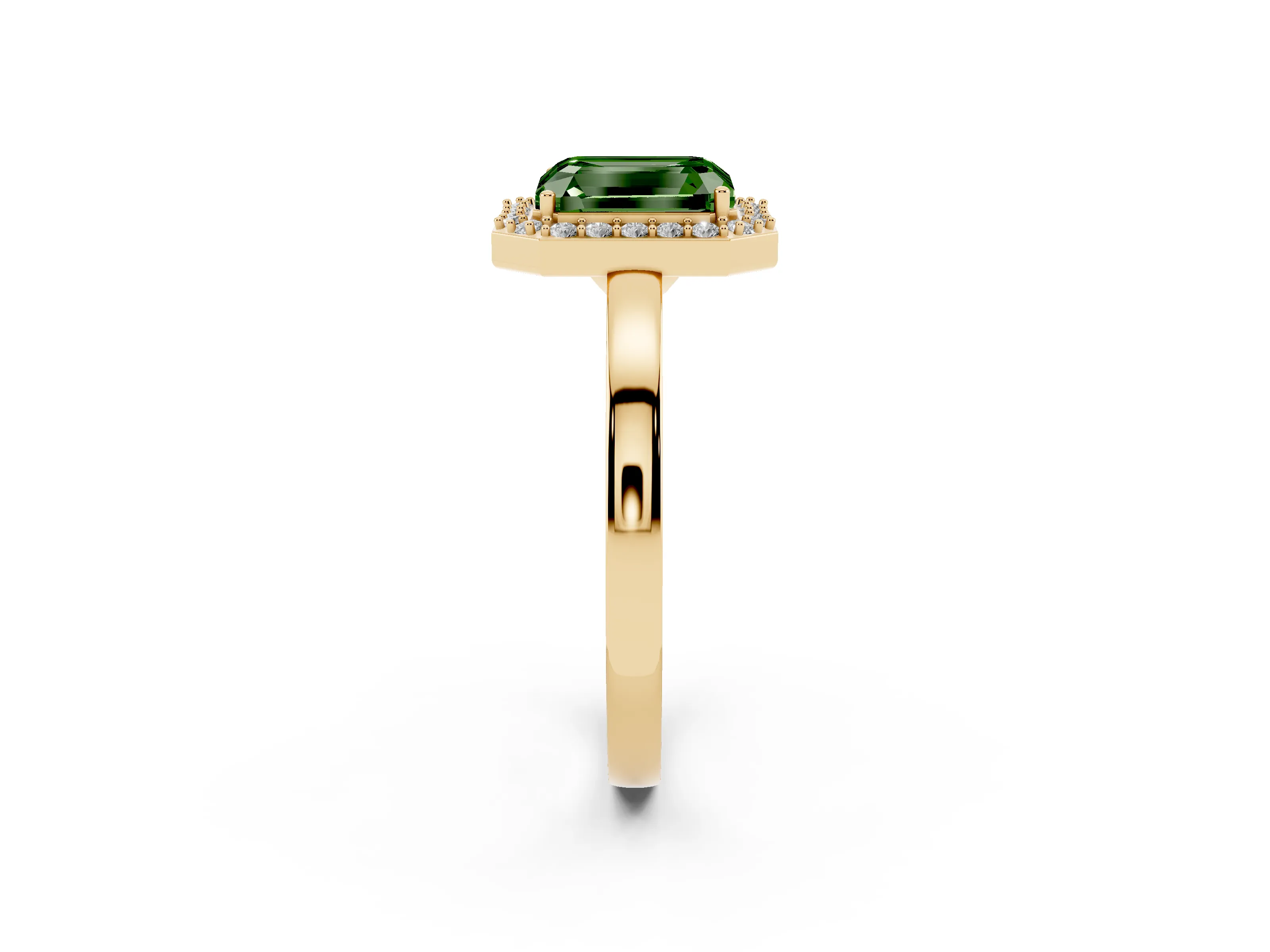 Fancy Green Radiant Cut Diamond Halo Ring Set in Yellow gold with Solitaire Band and Prong Setting