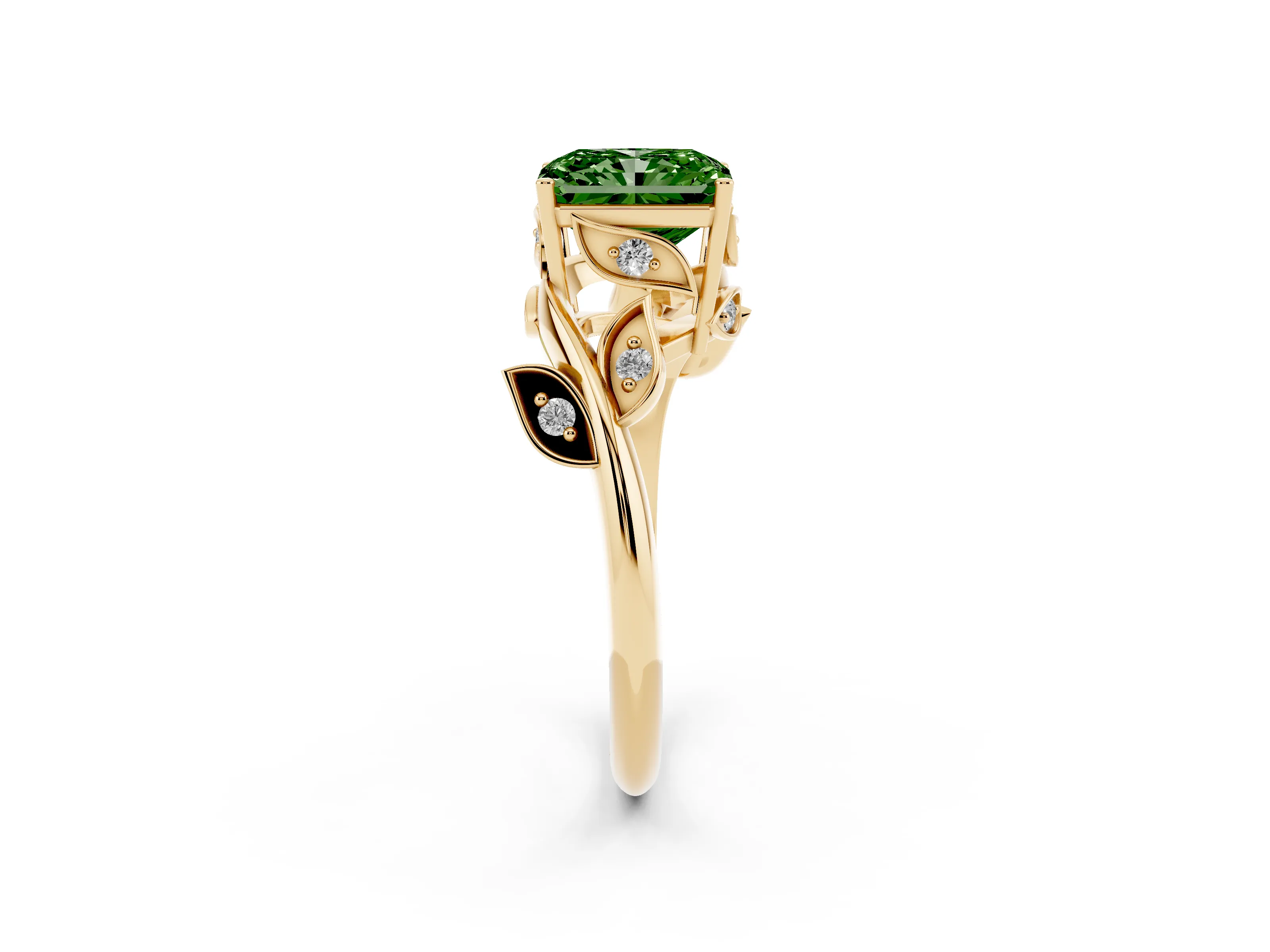 Fancy Green Radiant Cut Diamond Solitaire Twist Engagement Ring Set in Yellow gold with Pavé Leaf Accents
