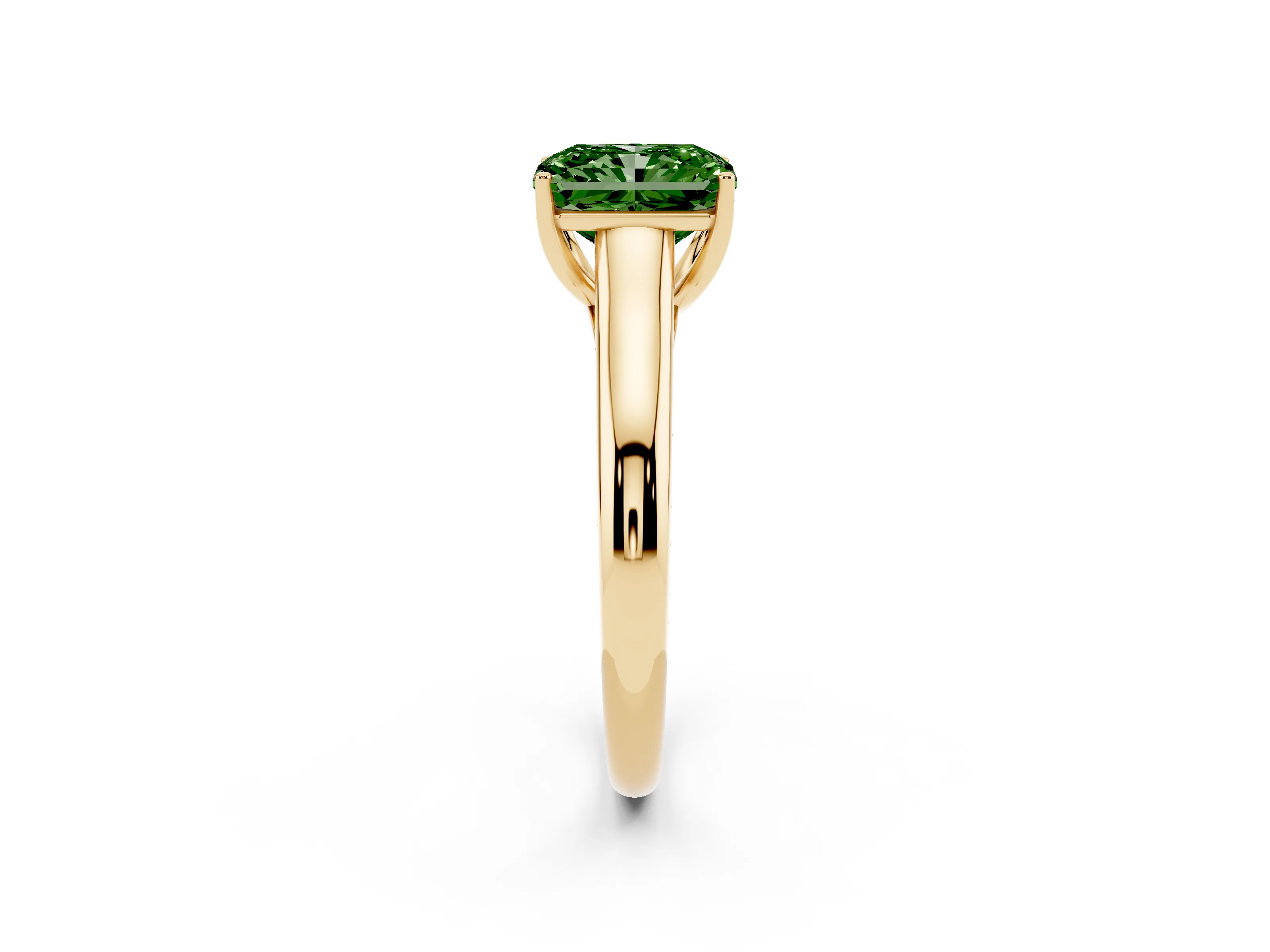 Fancy Green Radiant Cut Diamond Solitaire Engagement Ring Set in Yellow gold with Subtly Tapered Band and Prong Setting