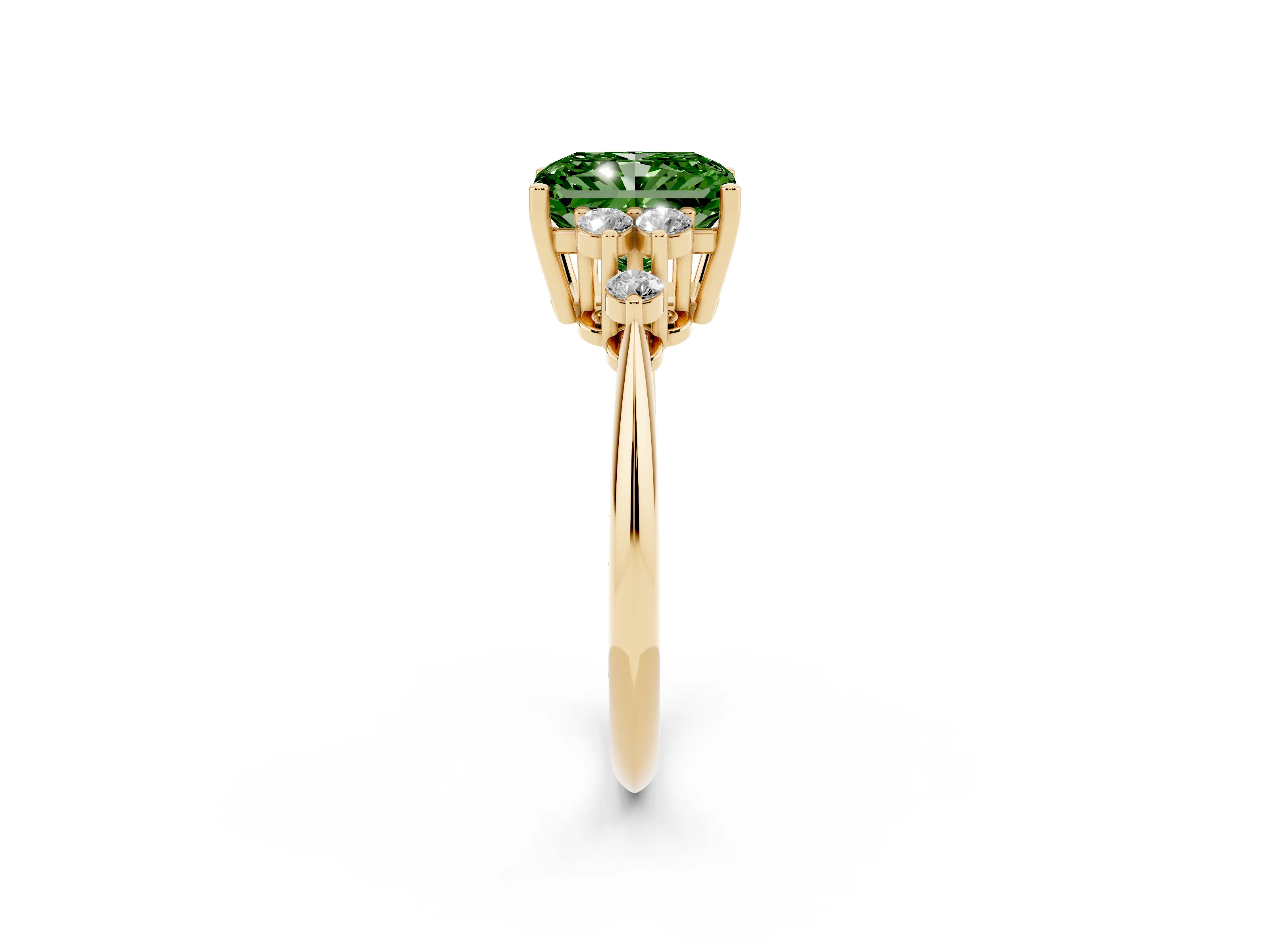 Fancy Green Radiant Cut Diamond Cluster Ring Set in Yellow gold with Plain Band and Prong Setting