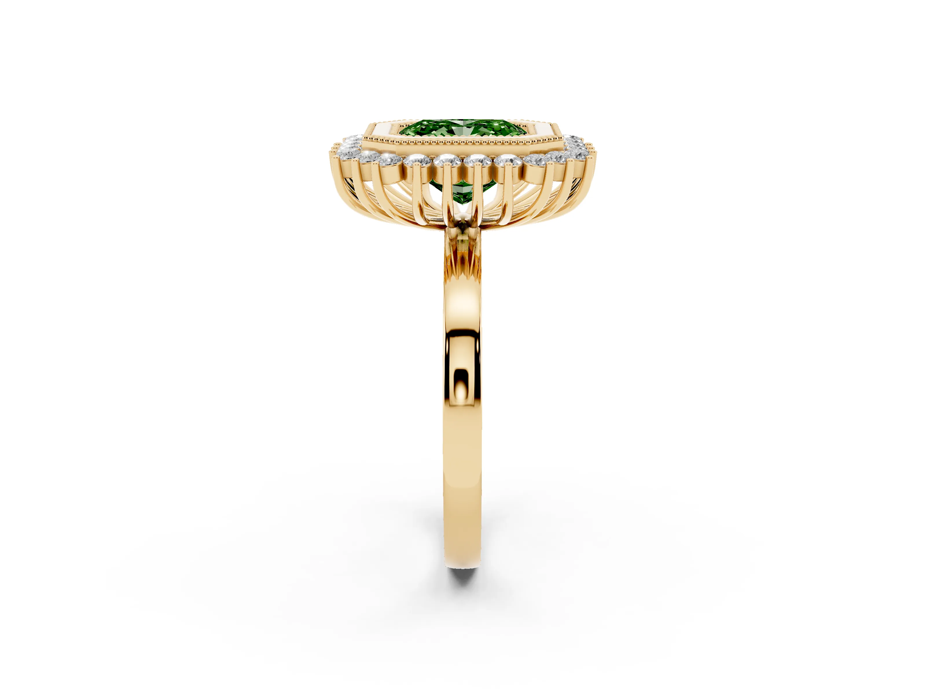 Fancy Green Radiant Cut Diamond Halo Ring Set in Yellow gold with Milgrain Edge and Round Prong Setting