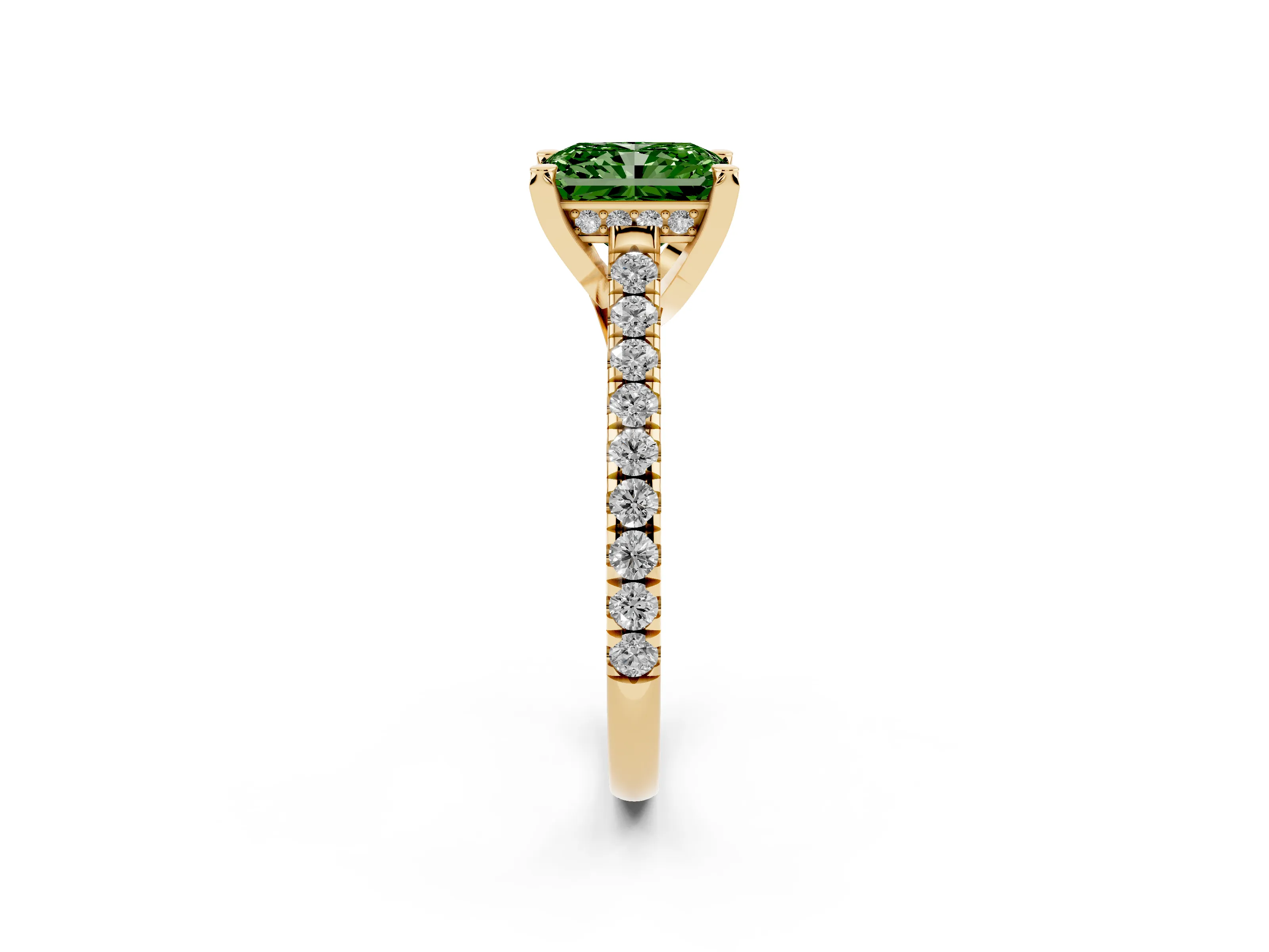Fancy Green Radiant Cut Diamond Solitaire Ring Set in Yellow gold with Brilliant Pavé Band and Prong Setting