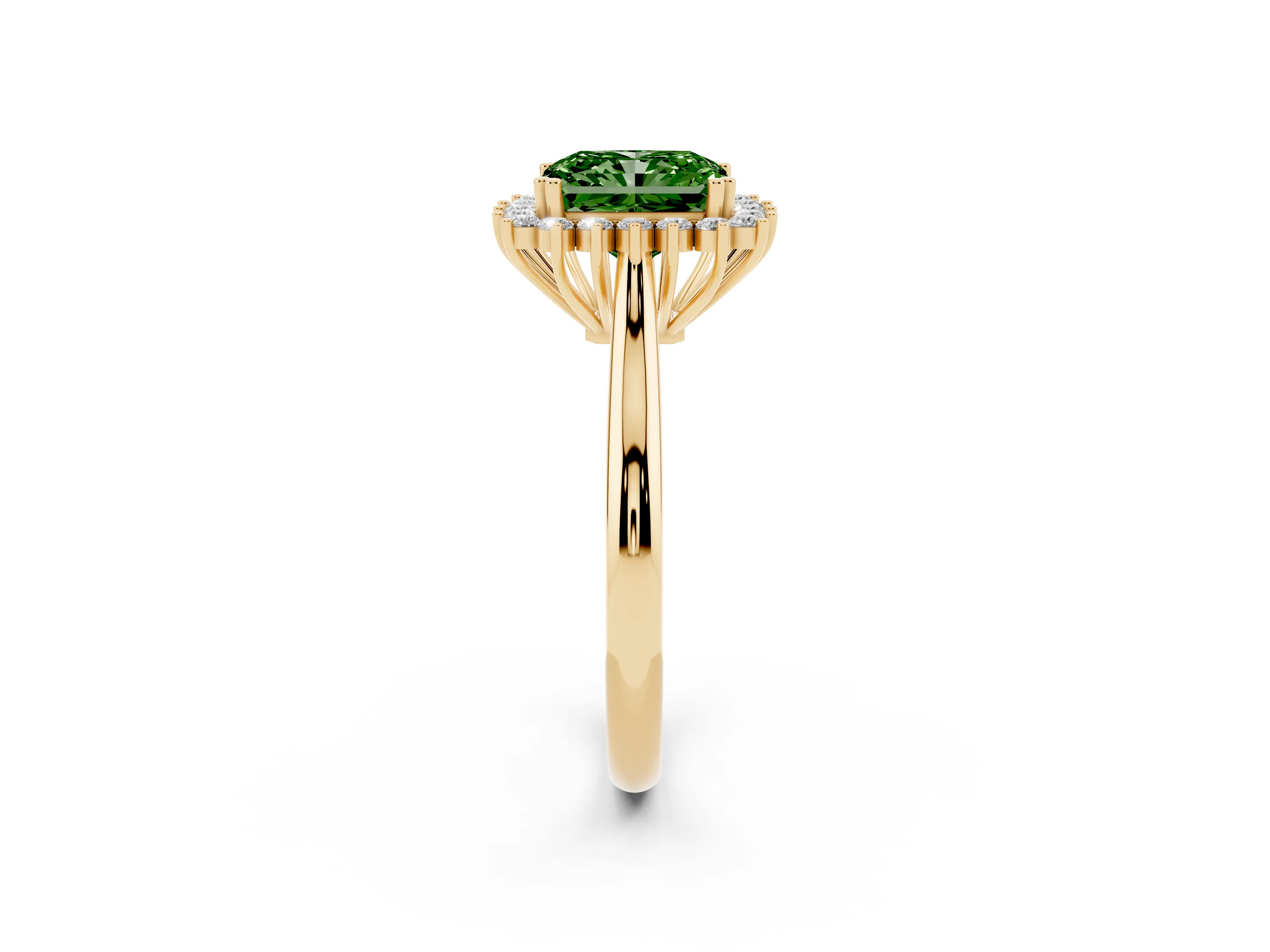 Fancy Green Radiant Cut Diamond Halo Ring Set in Yellow gold with Plain Solitaire Band and Prong Setting