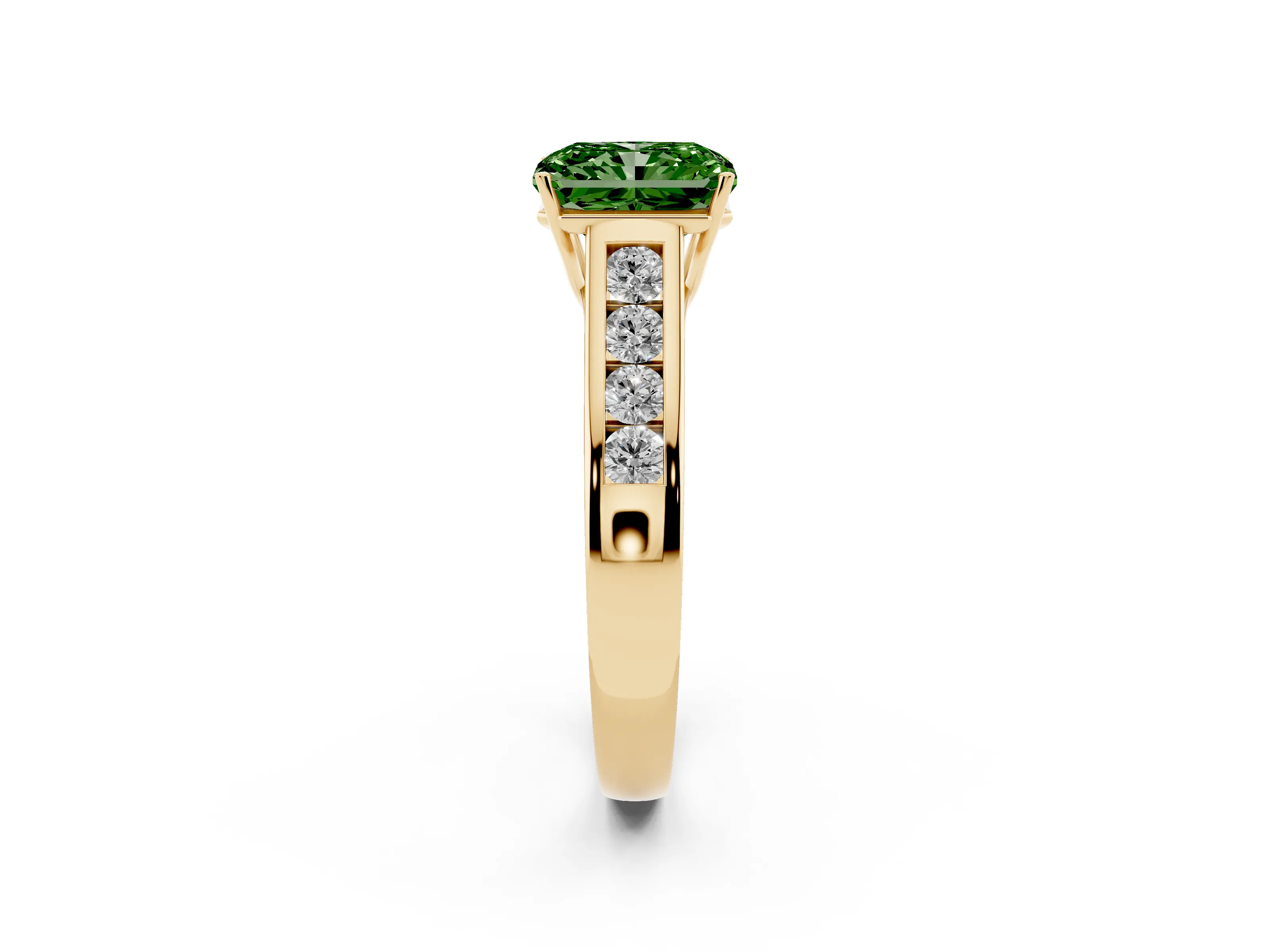 Fancy Green Radiant Cut Diamond Brilliant Channel-Set Solitaire Ring Set in Yellow gold with Prong Setting