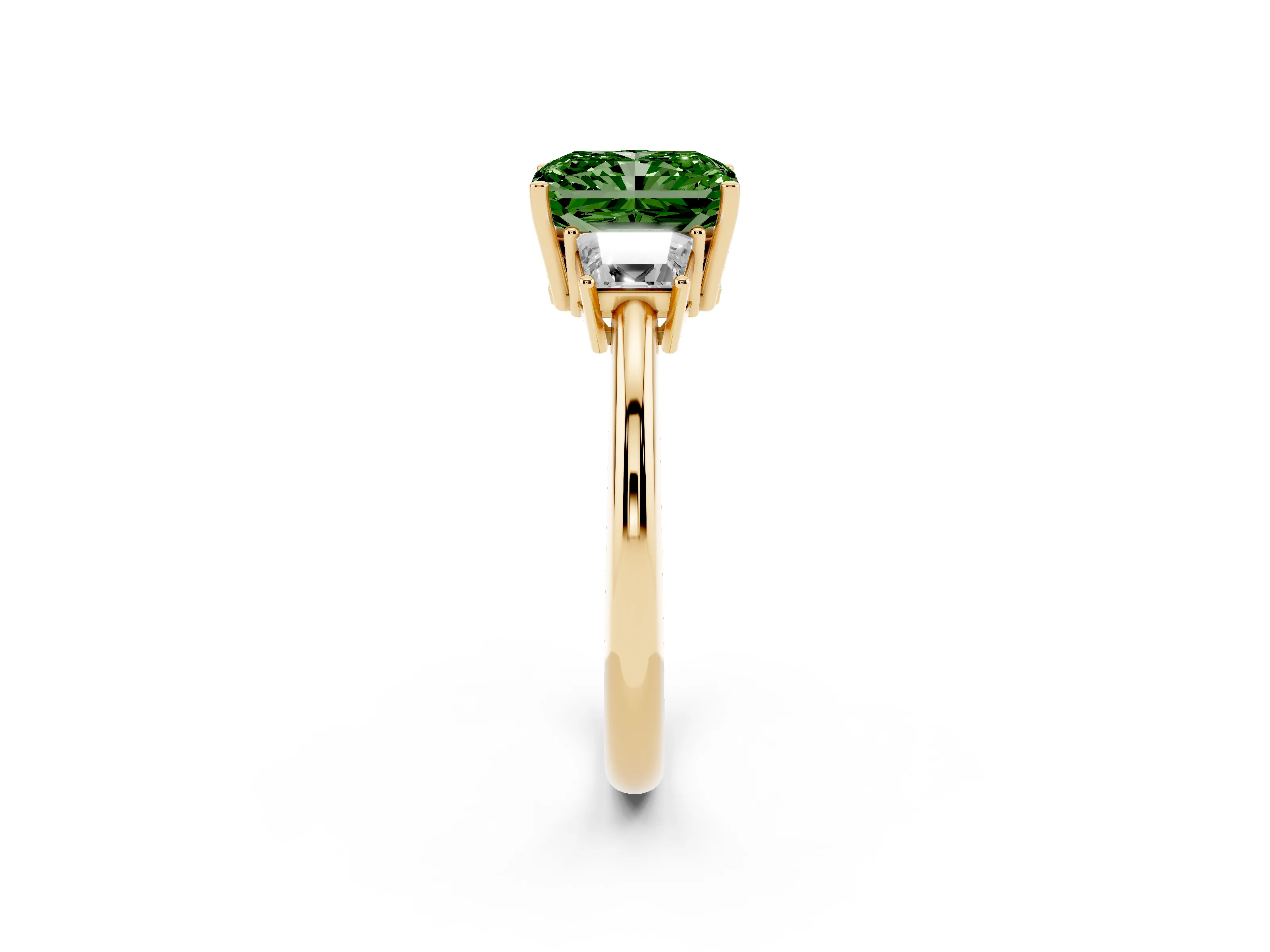 Fancy Green Radiant Cut Diamond Three-Stone Ring Set in Yellow gold with Trapezoid Side Stones and Prong Setting