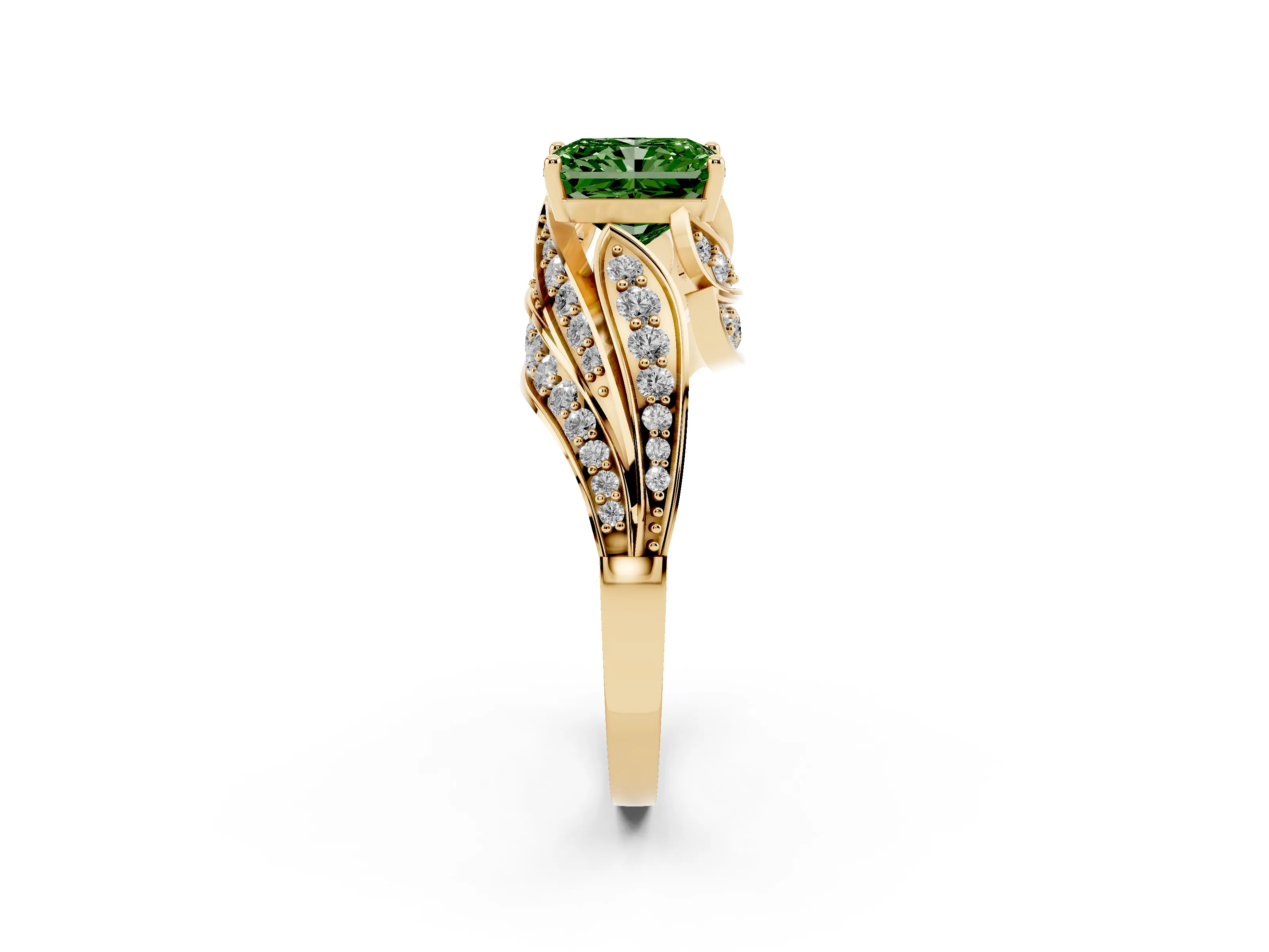 Fancy Green Radiant Cut Diamond Solitaire Ring Set in Yellow gold with Layered Twist Pavé Band