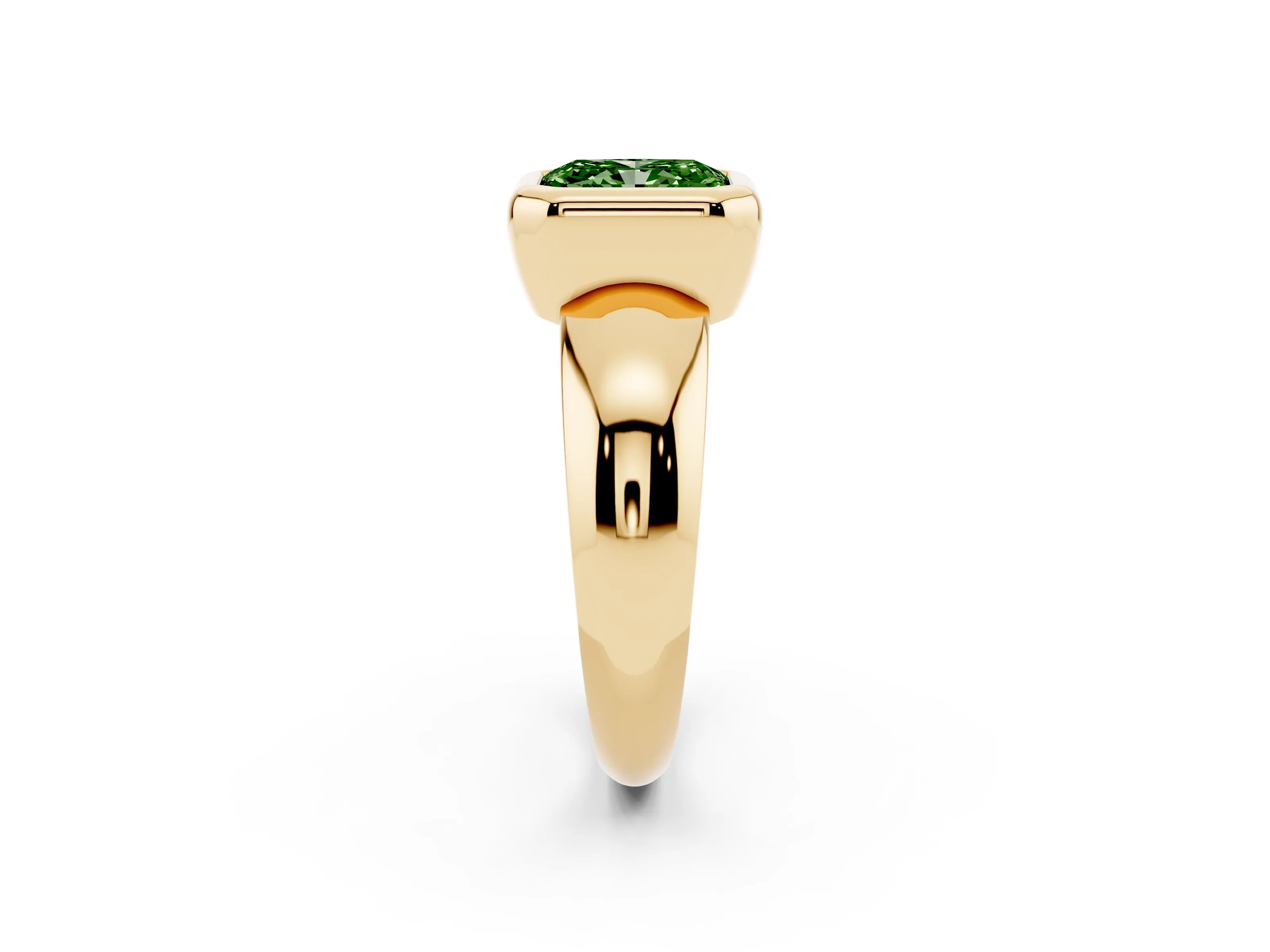 Fancy Green Bezel Set Radiant Cut Diamond Solitaire Ring Set in Yellow gold with Wide Band