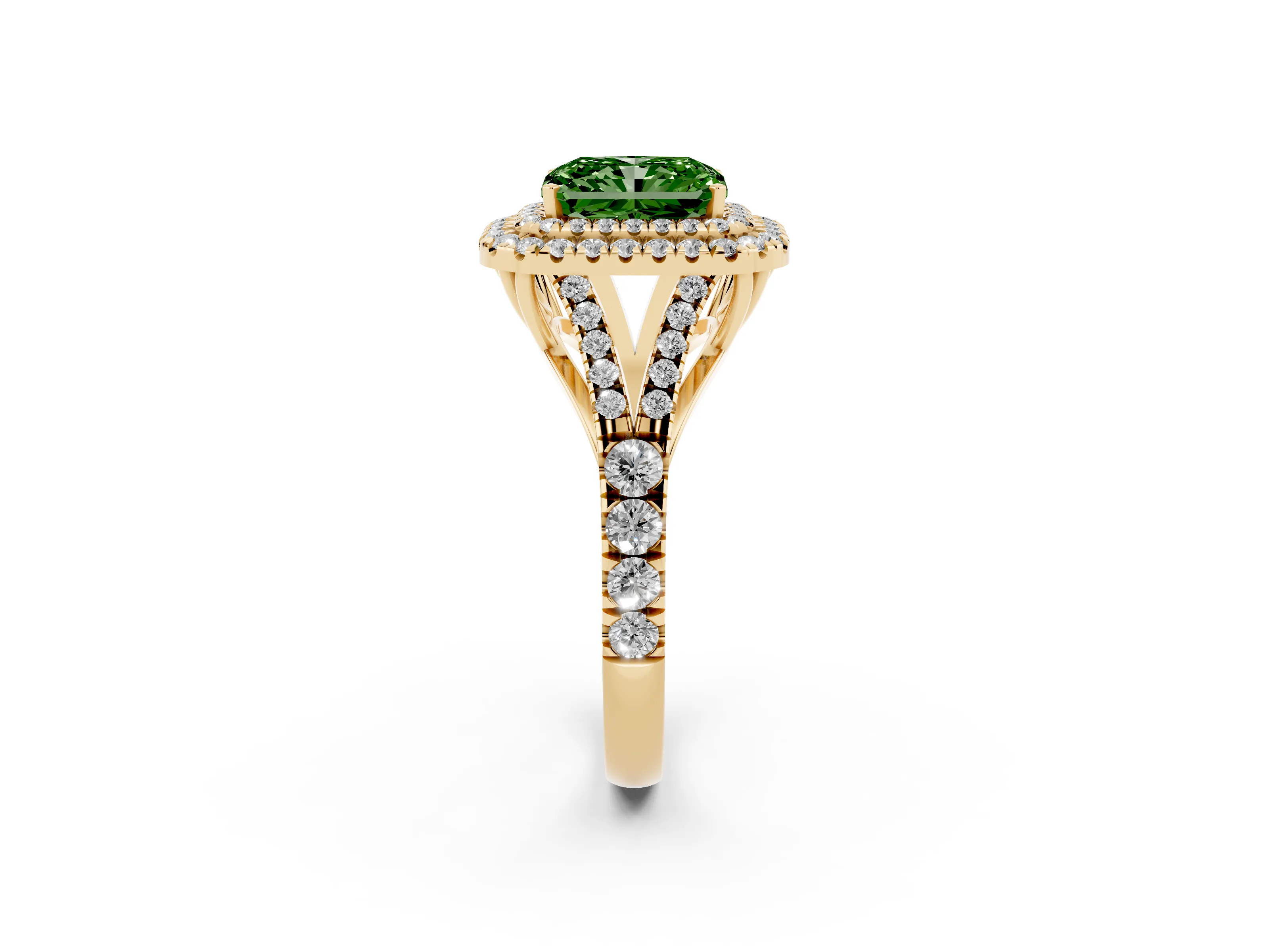 Fancy Green Radiant Cut Diamond Pavé Split Shank Double Halo Engagement Ring Set in Yellow gold