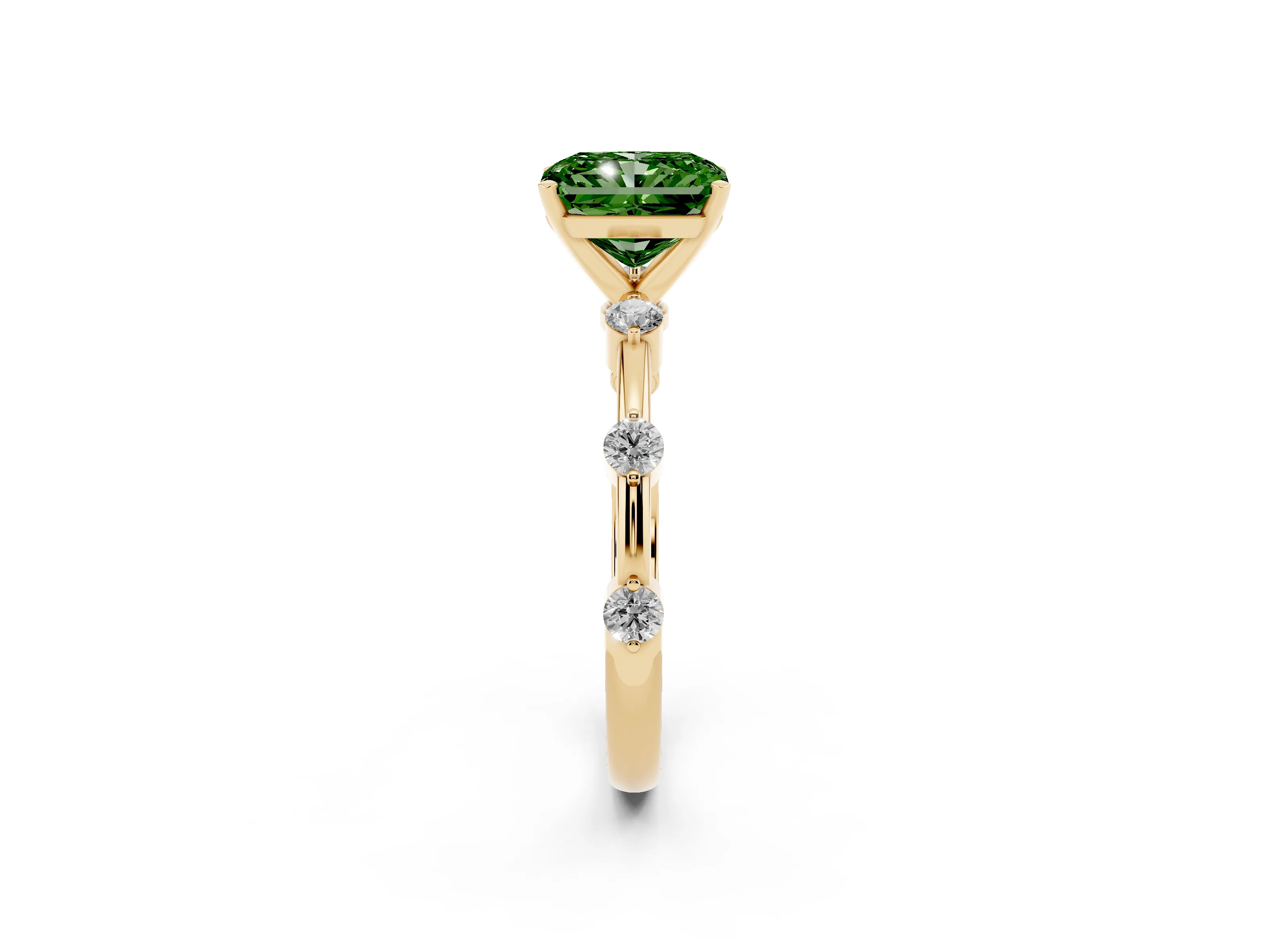 Fancy Green Radiant Cut Diamond Solitaire Ring Set in Yellow gold with Bezel Set Side Stones and Prong Setting