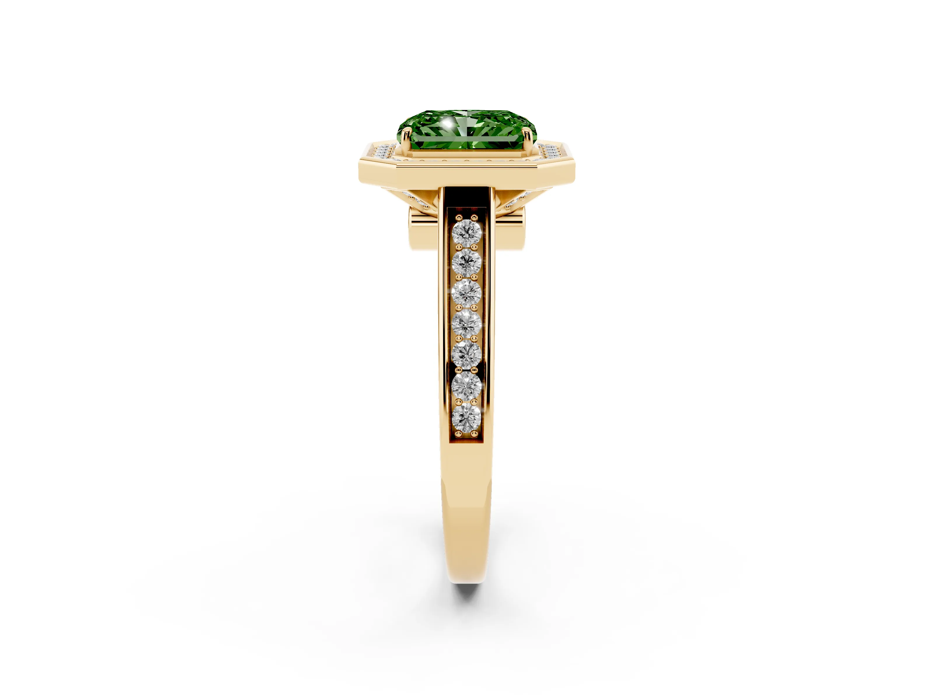 Fancy Green Radiant Cut Diamond Halo Solitaire Ring Set in Yellow gold with Pavé Band and Bezel Setting