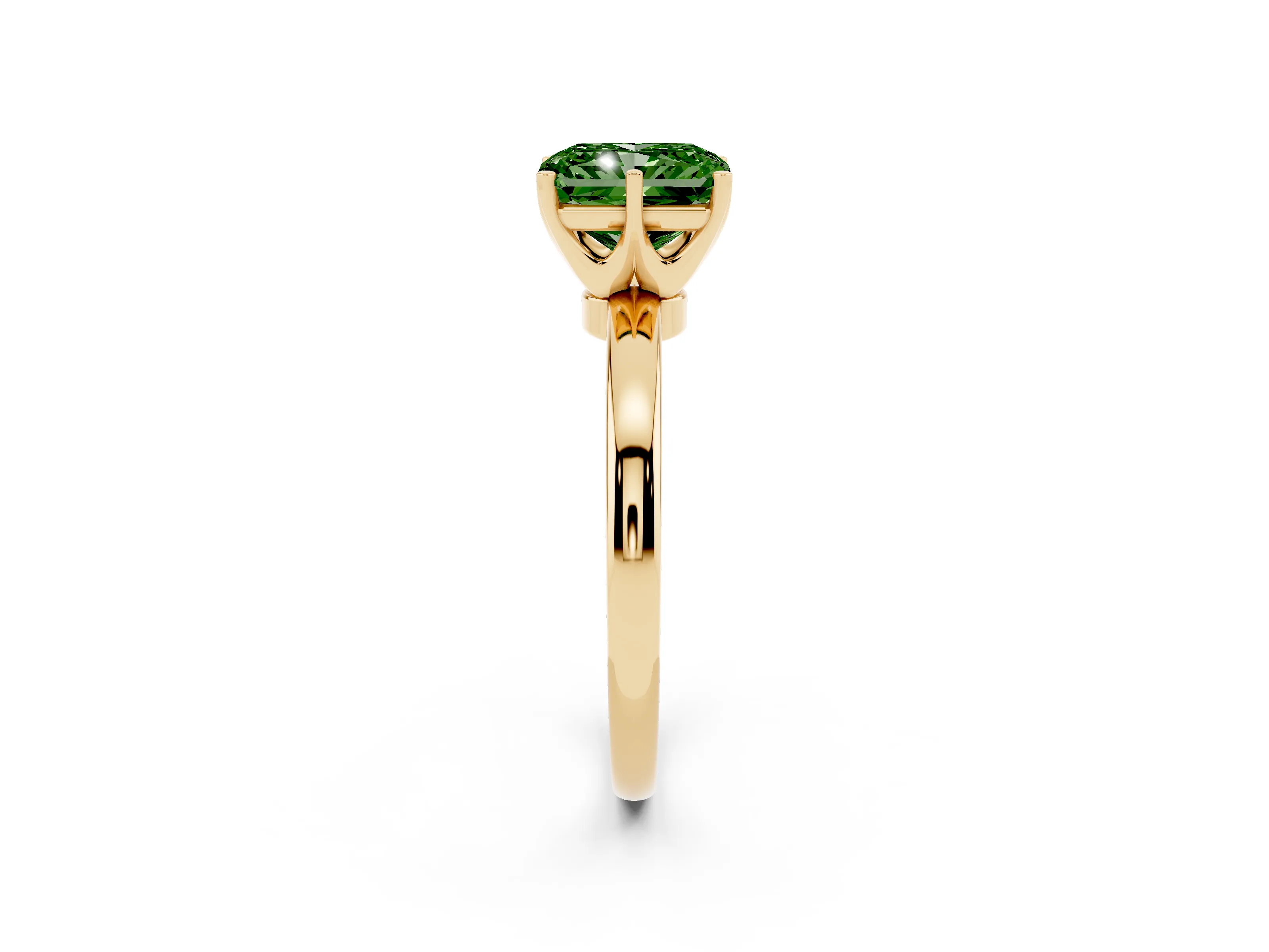 Fancy Green Radiant Cut Diamond Solitaire Ring Set in Yellow gold with Raised Prong Setting on a Classic Band