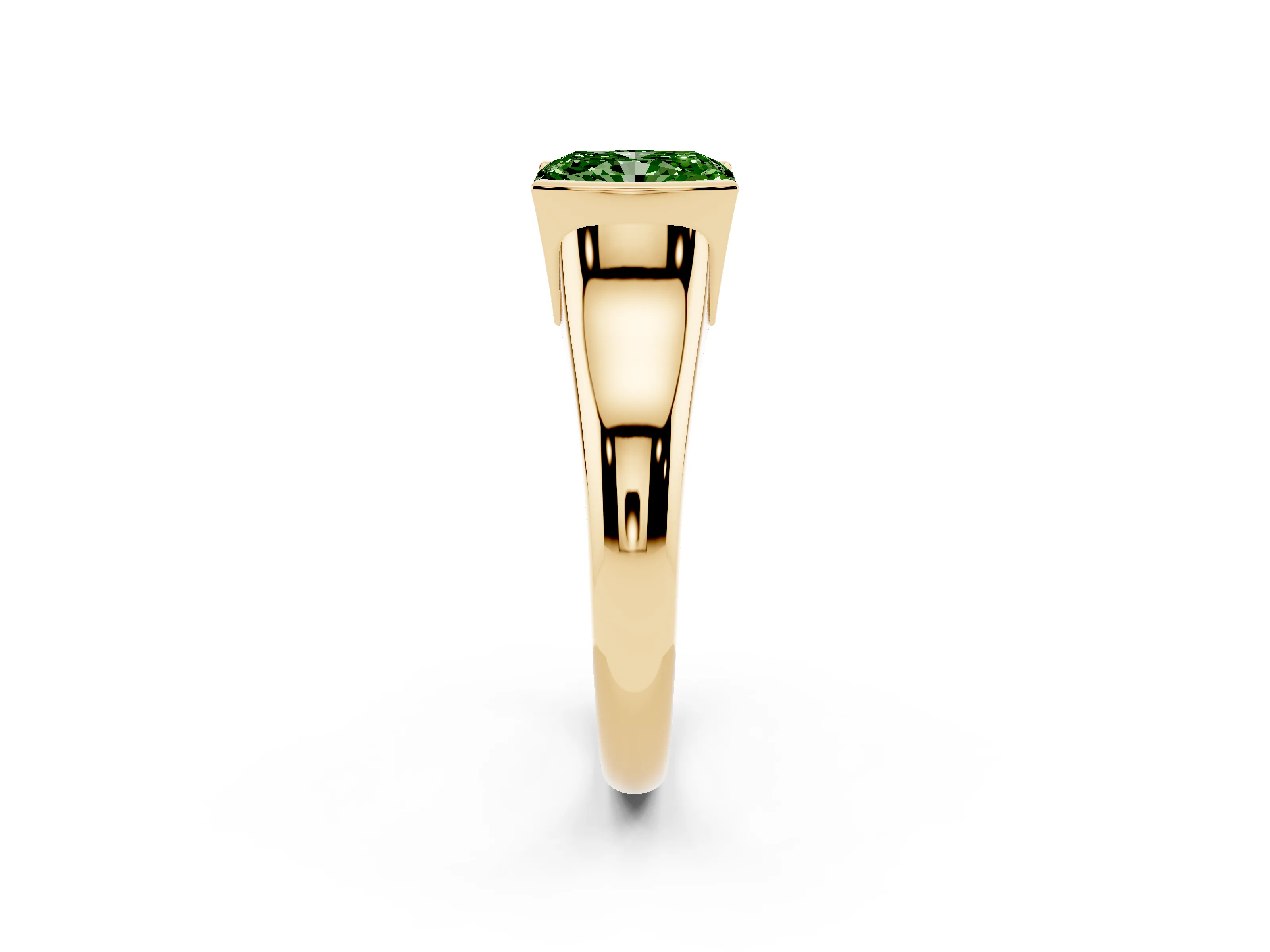 Fancy Green Radiant Cut Diamond Solitaire Tension Set Ring Set in Yellow gold with Split Shank Band