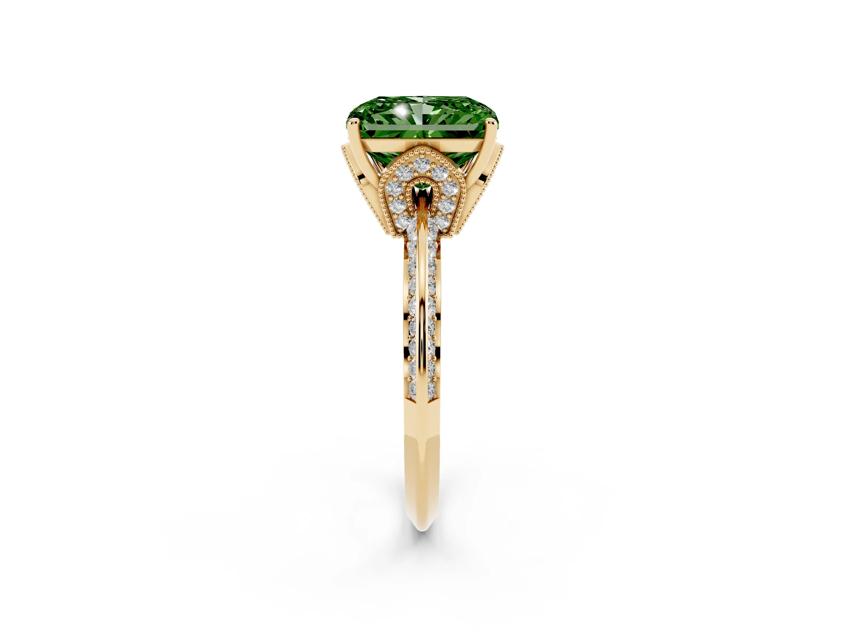 Fancy Green Radiant Cut Diamond Solitaire Engagement Ring Set in Yellow gold with Pavé Split Shank and Prong Setting