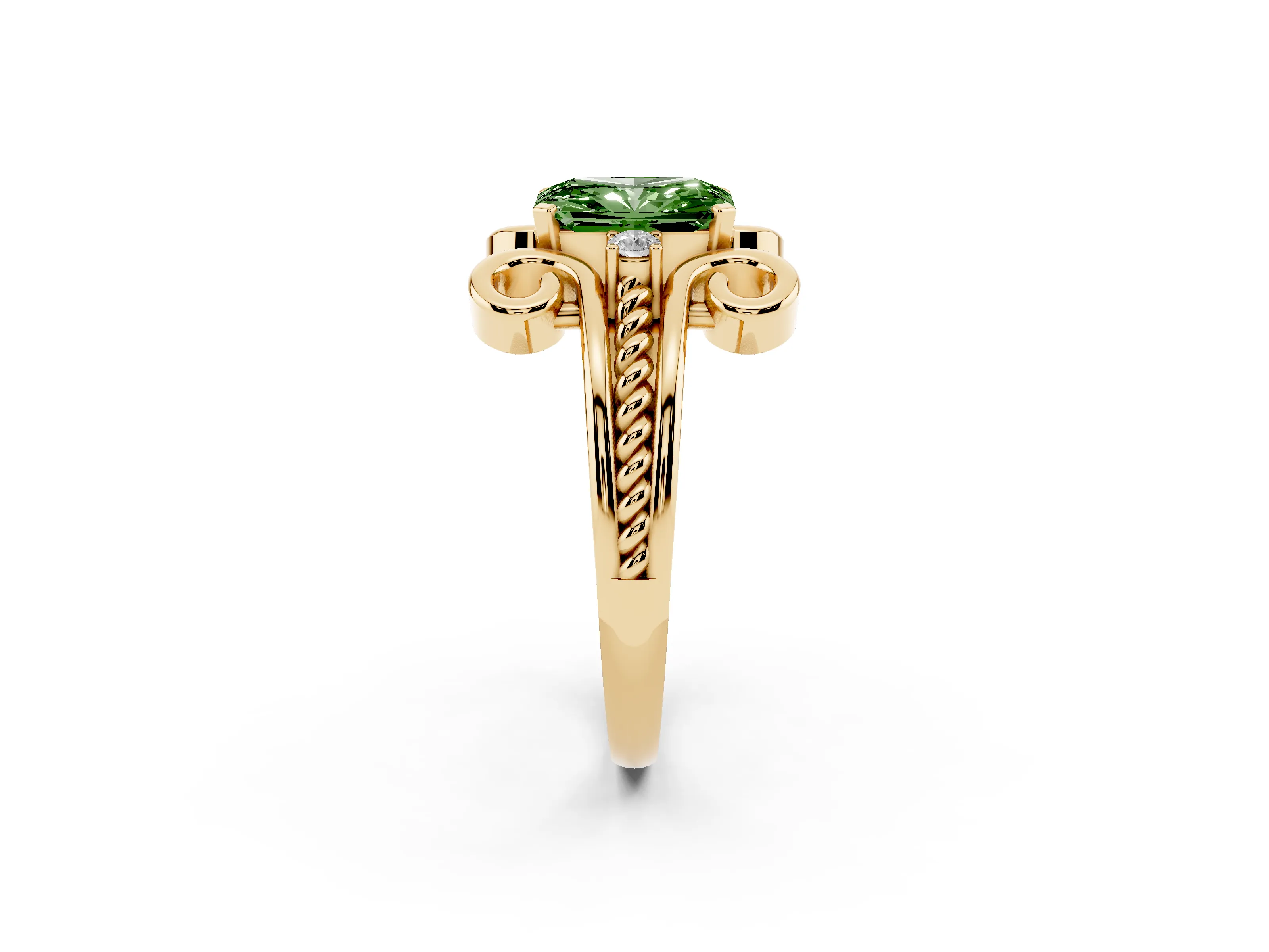 Fancy Green Radiant Cut Diamond Twisted Band Solitaire Ring Set in Yellow gold with Scroll Prongs