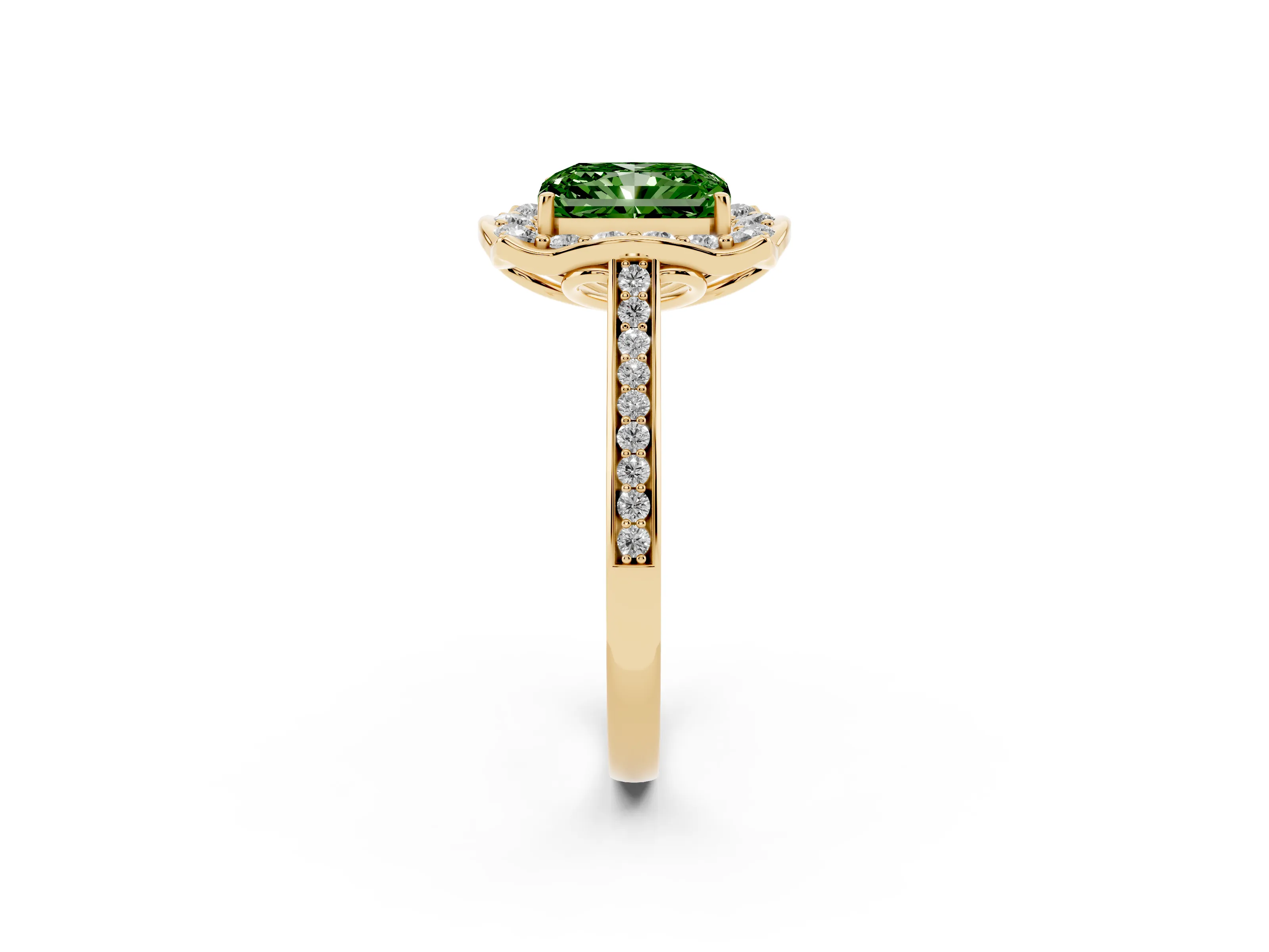 Fancy Green Radiant Cut Diamond Halo Ring Set in Yellow gold with Pavé-Lined Shoulders and Prong Setting