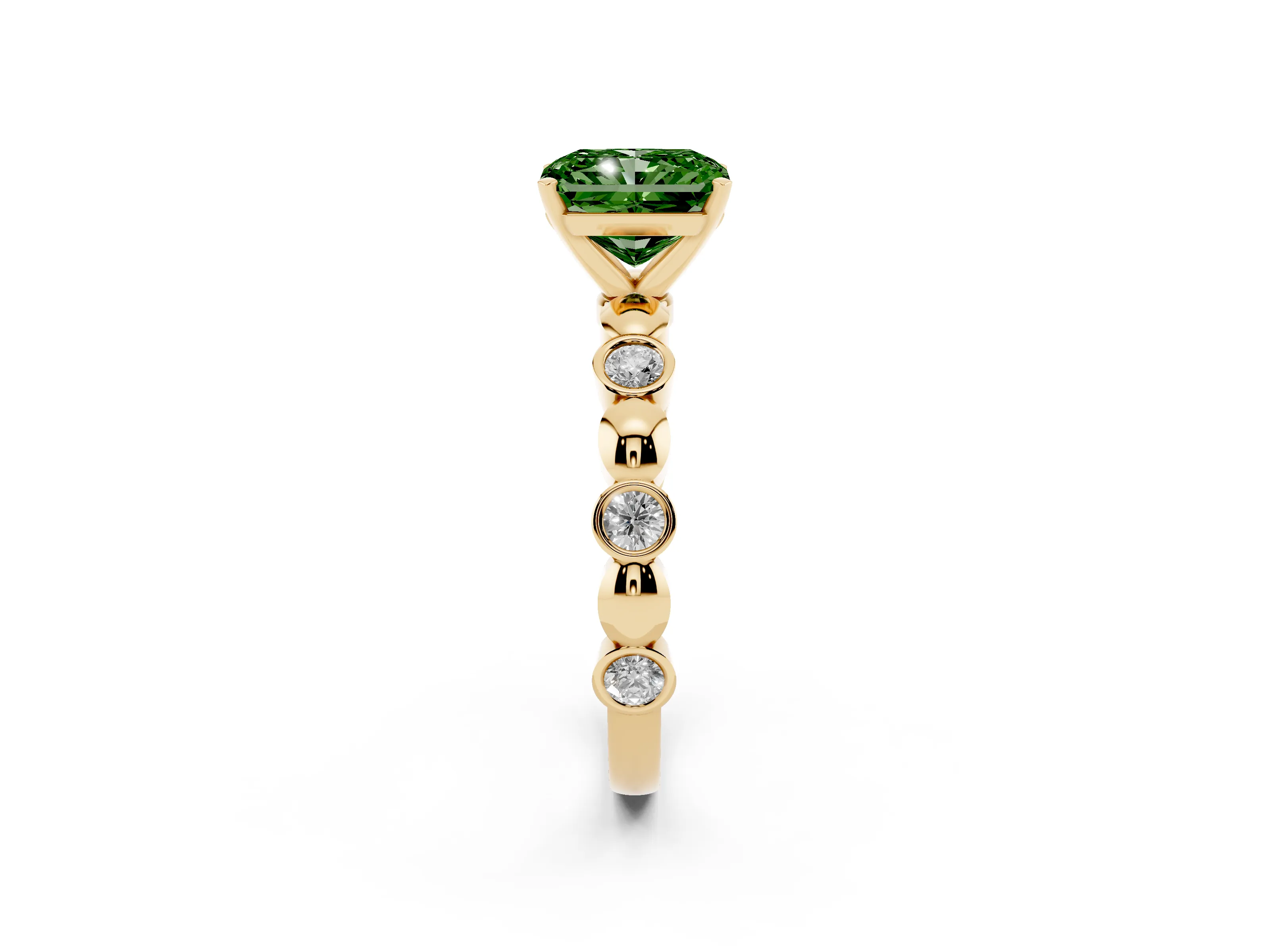 Fancy Green Radiant Cut Diamond Solitaire Ring Set in Yellow gold with Bezel-Set Accents on Beaded Band and Prong Setting