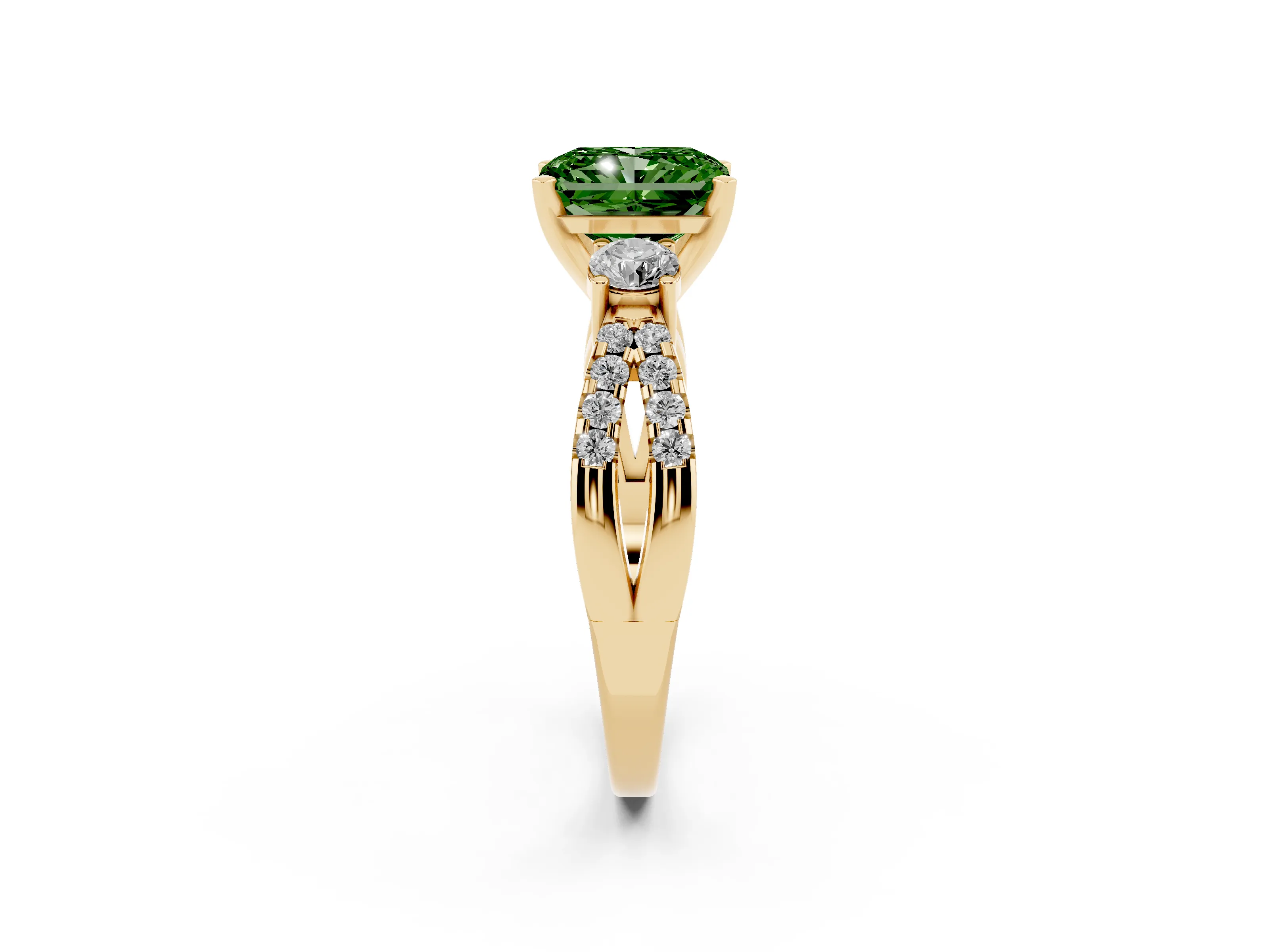 Fancy Green Radiant Cut Diamond Three-Stone Ring Set in Yellow gold with Pavé Split Shank and Prong Setting
