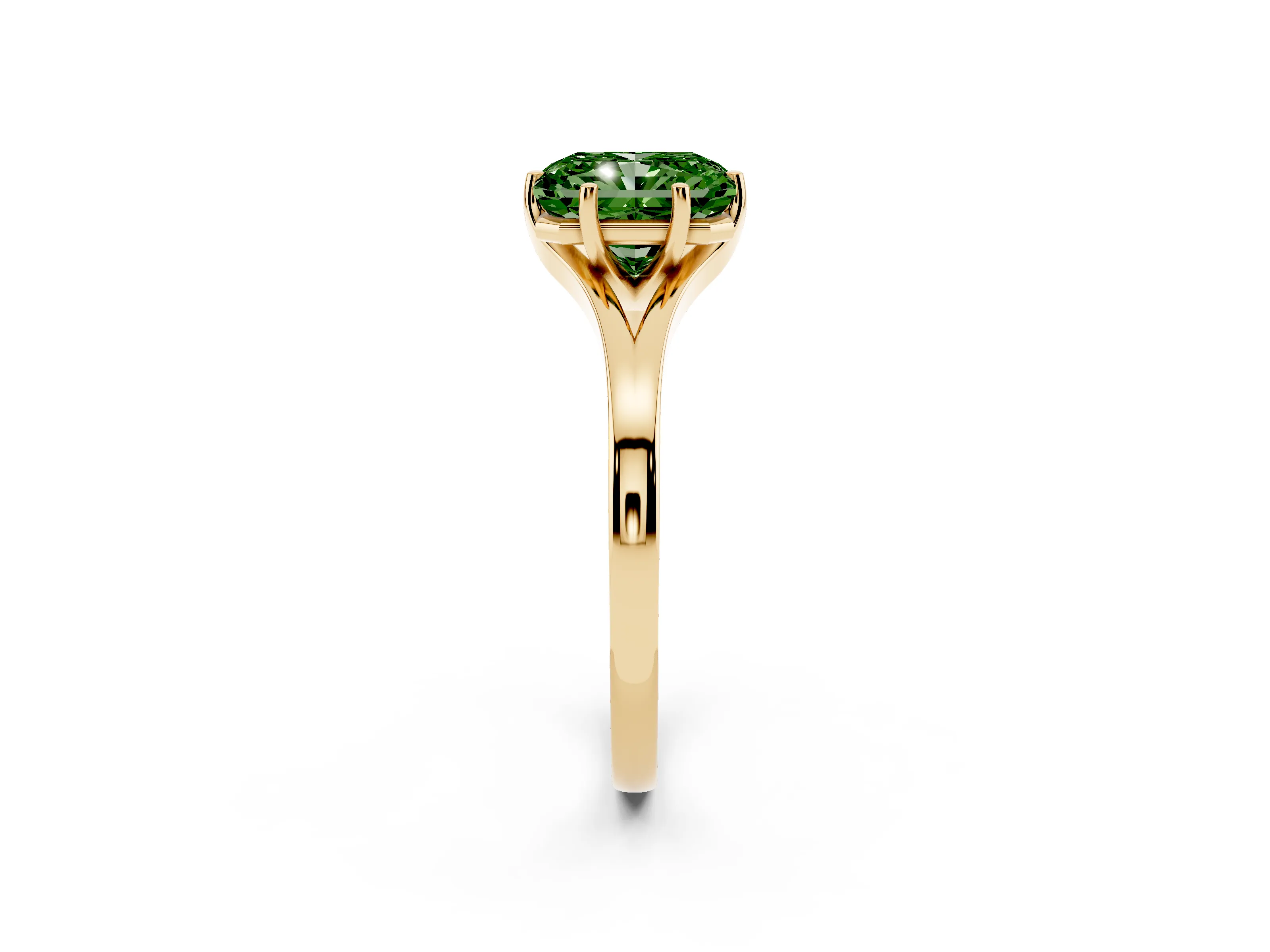 Fancy Green Radiant Cut Diamond Solitaire Ring Set in Yellow gold with Polished Tapered Band and Prong Setting