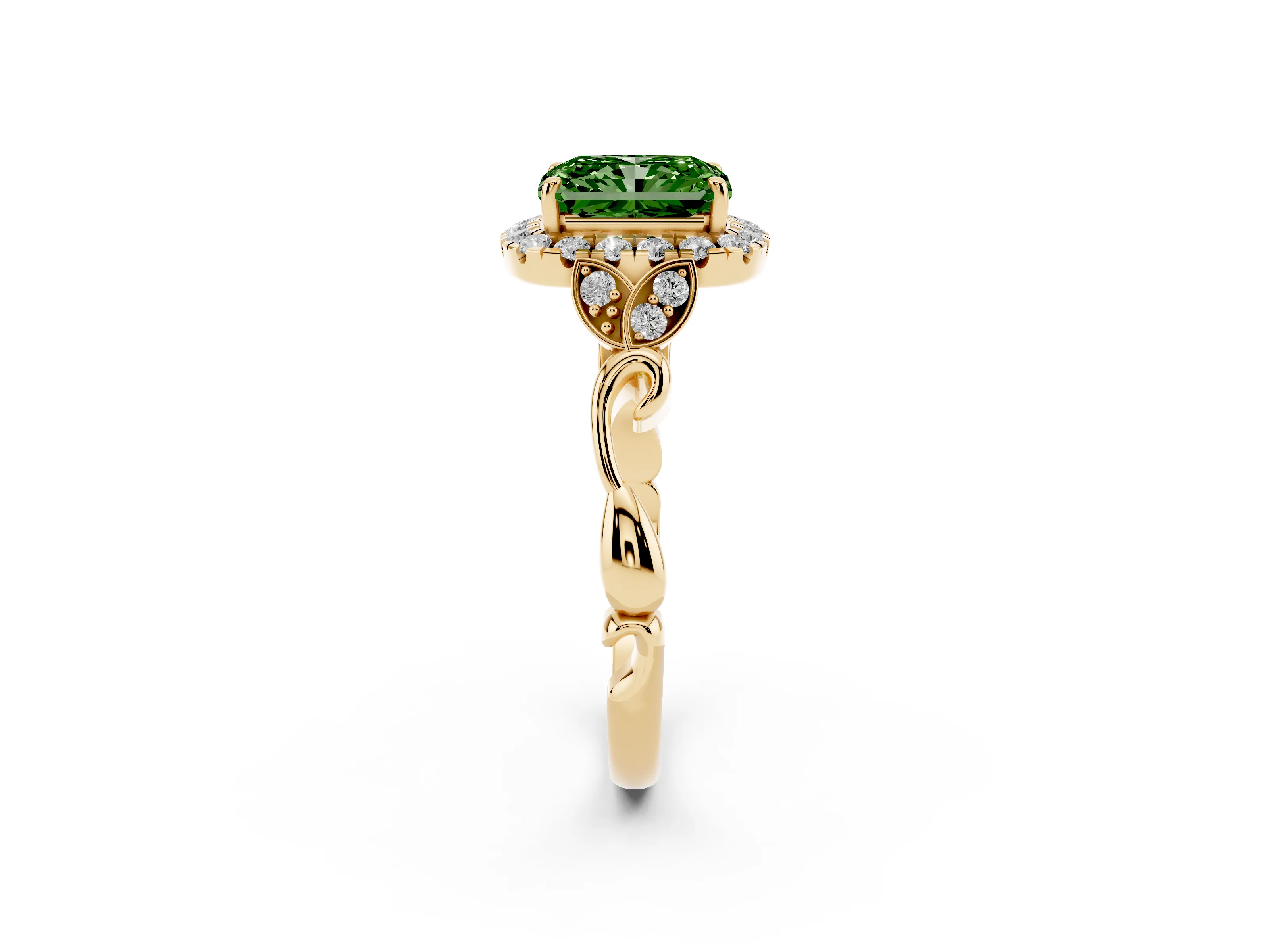 Fancy Green Radiant Cut Diamond Halo Engagement Ring Set in Yellow gold with Vintage-Inspired Band and Prong Setting