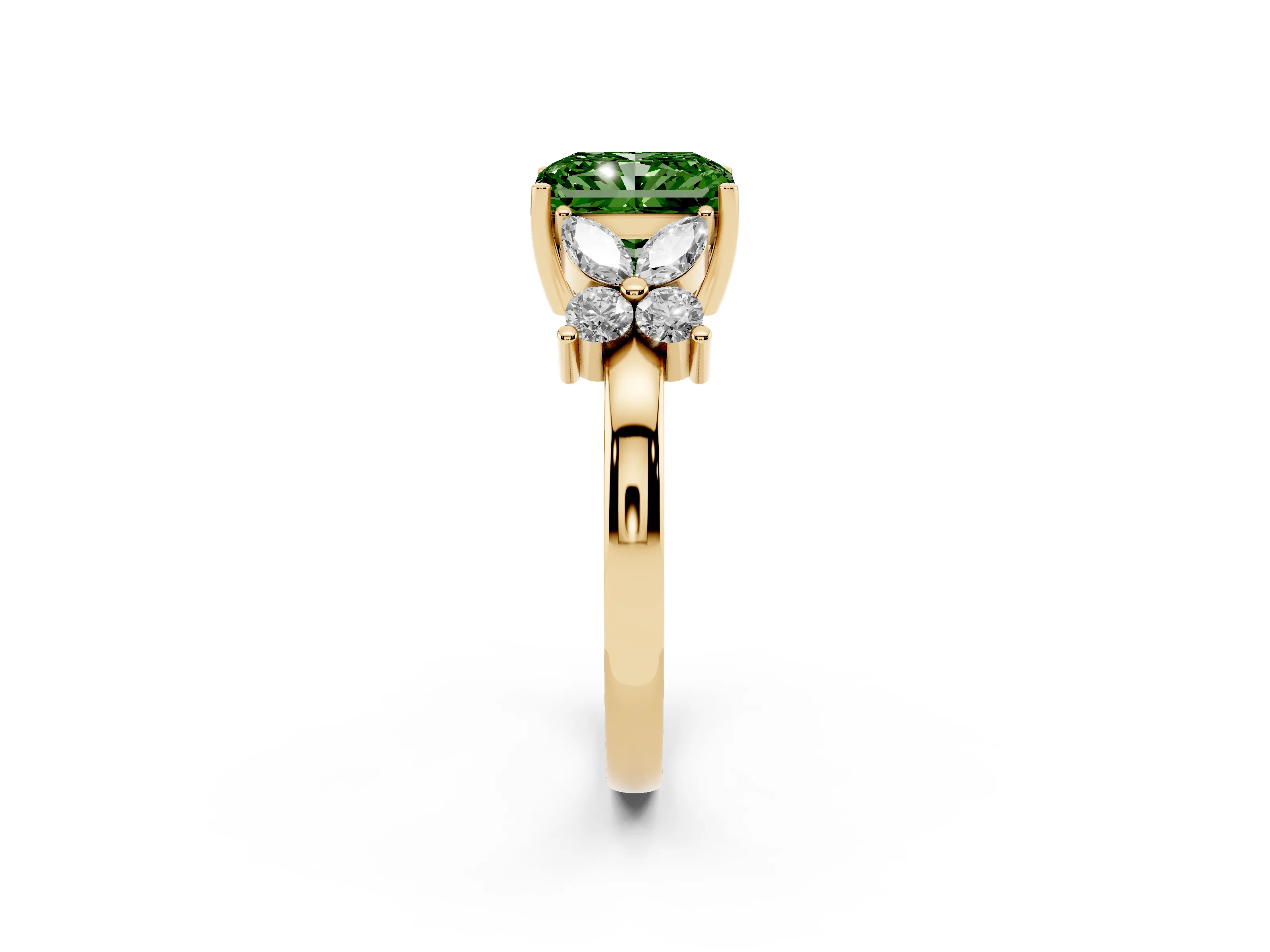 Fancy Green Radiant Cut Diamond Floral Cluster Ring Set in Yellow gold with Marquise Petals and Prong Setting