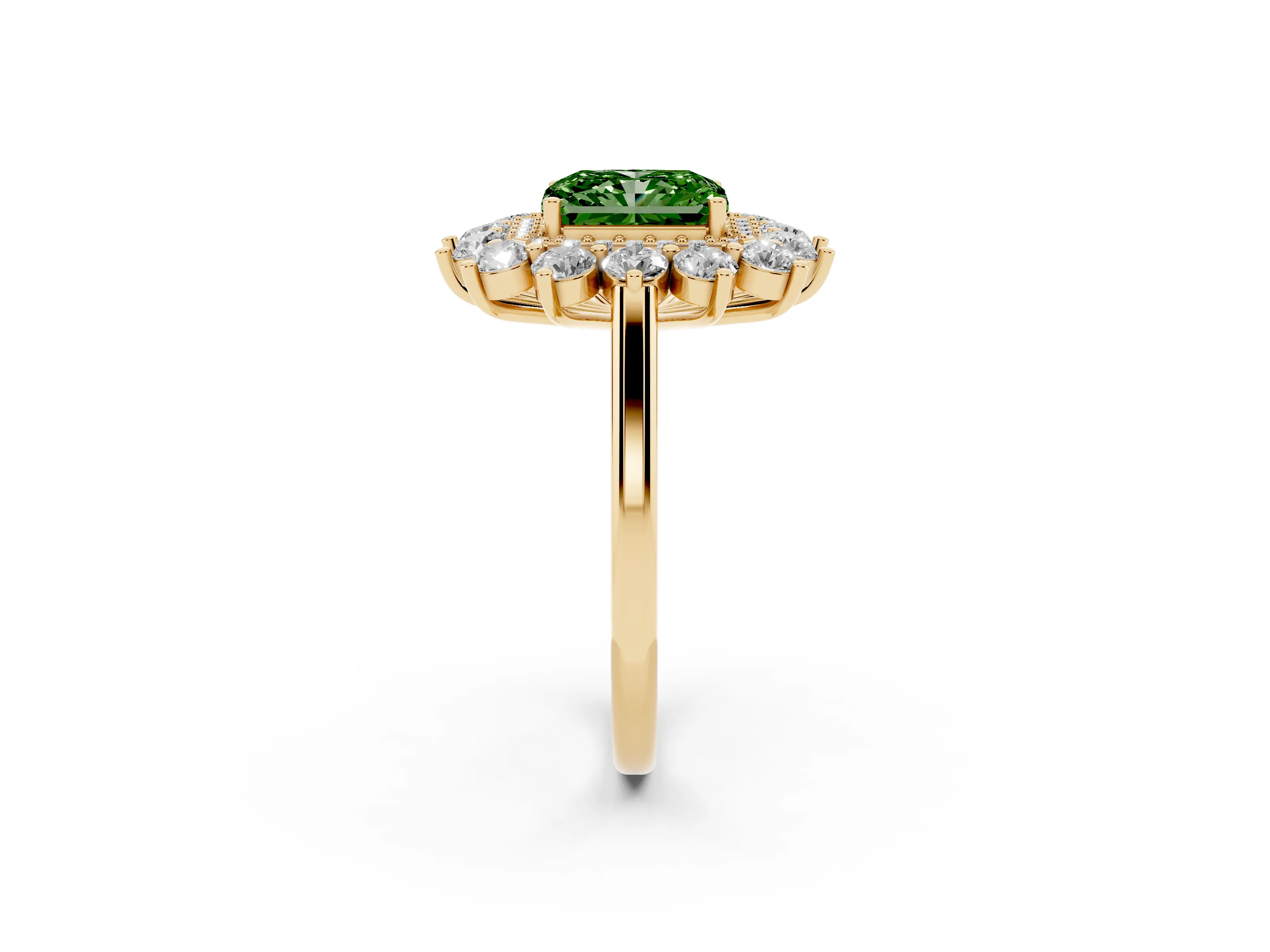 Fancy Green Radiant Cut Diamond Floral Double Halo Ring Set in Yellow gold with Round Petals