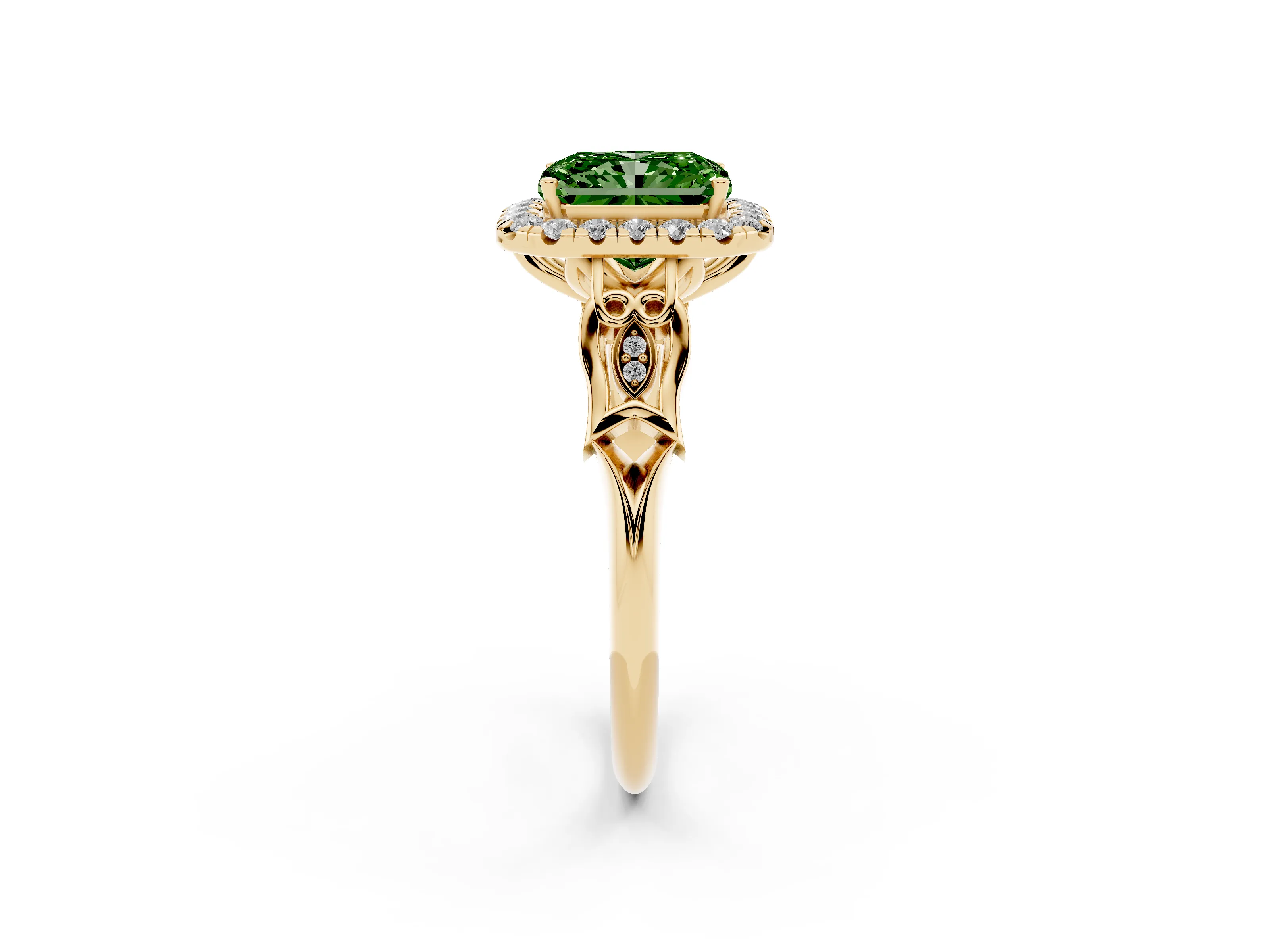 Fancy Green Radiant Cut Diamond Halo Engagement Ring Set in Yellow gold with Filigree Band and Prong-Set Center