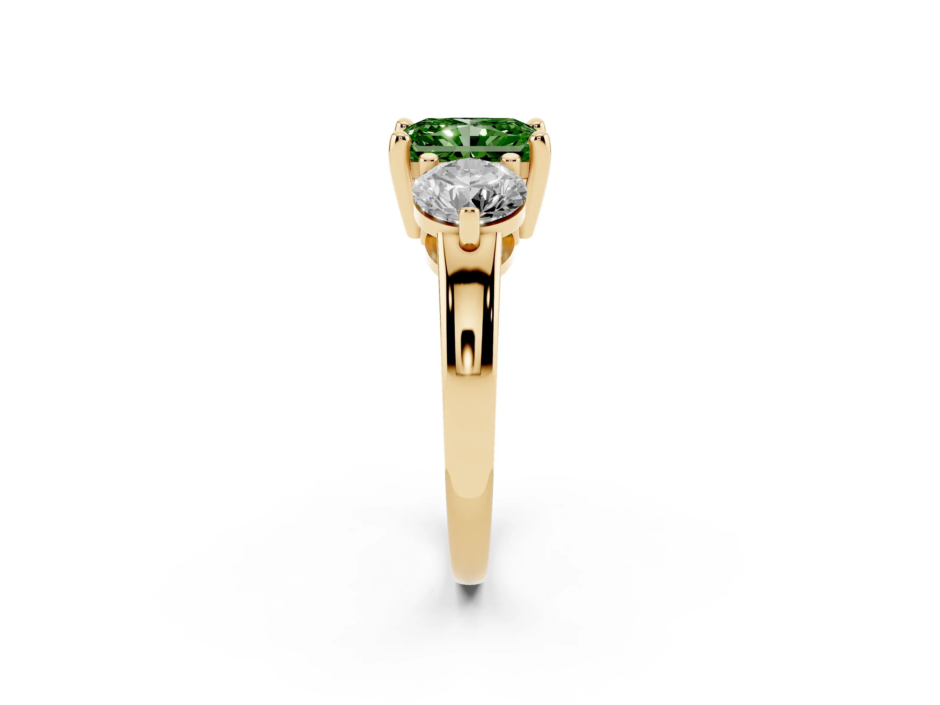Fancy Green Radiant Cut Diamond Three-Stone Ring Set in Yellow gold with Prong Setting and Classic Band