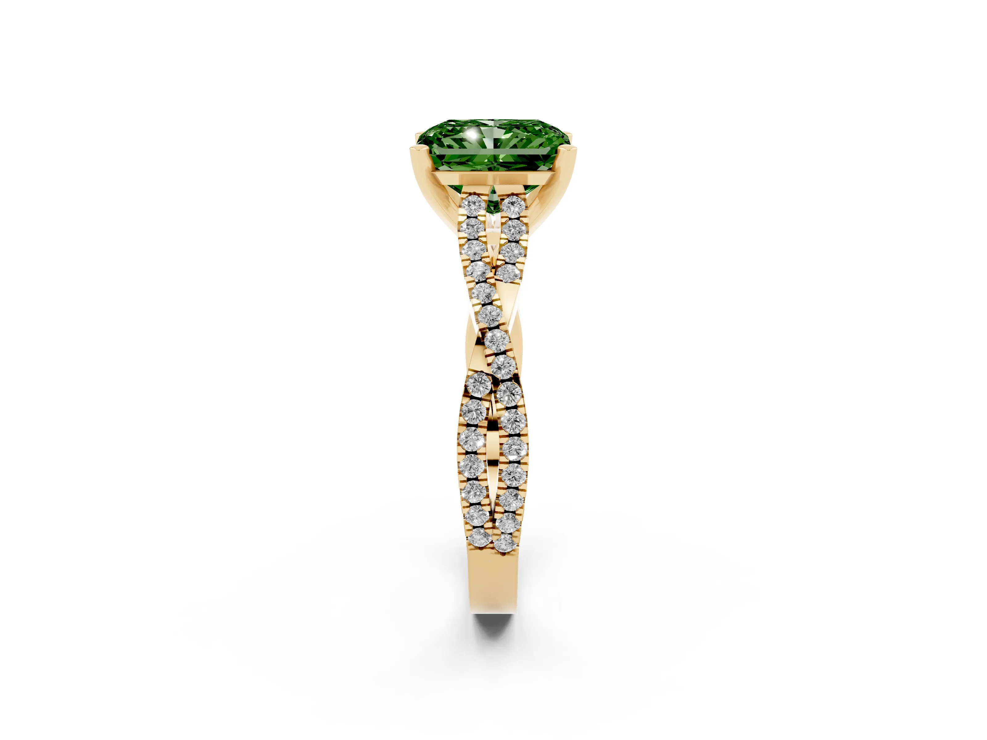 Fancy Green Radiant Cut Diamond Solitaire Engagement Ring Set in Yellow gold with Twisted Pavé Band and Prong Setting