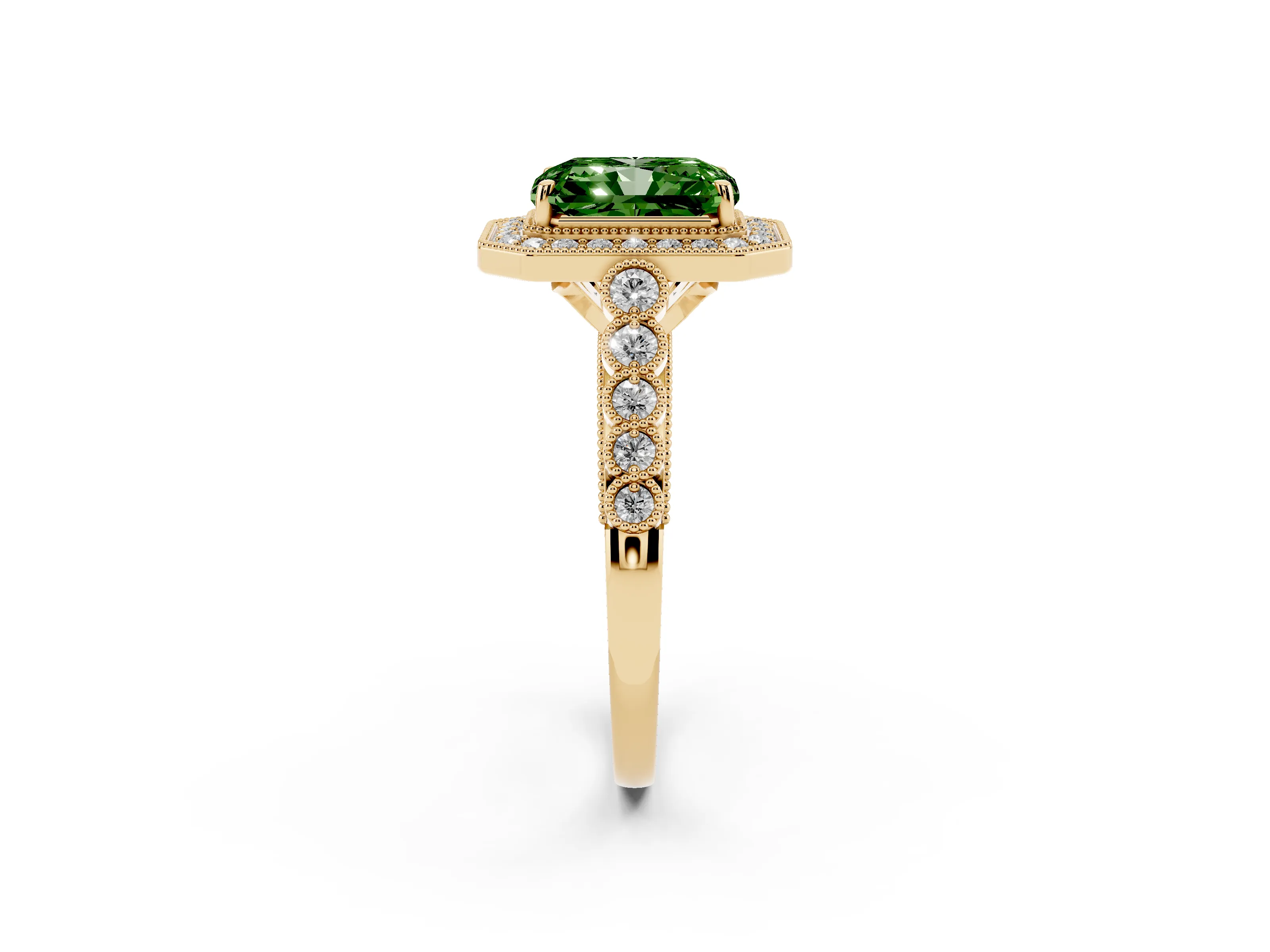 Fancy Green Radiant Cut Diamond Milgrain Halo Solitaire Ring Set in Yellow gold with Bezel Set Side Stones and Pavé Band