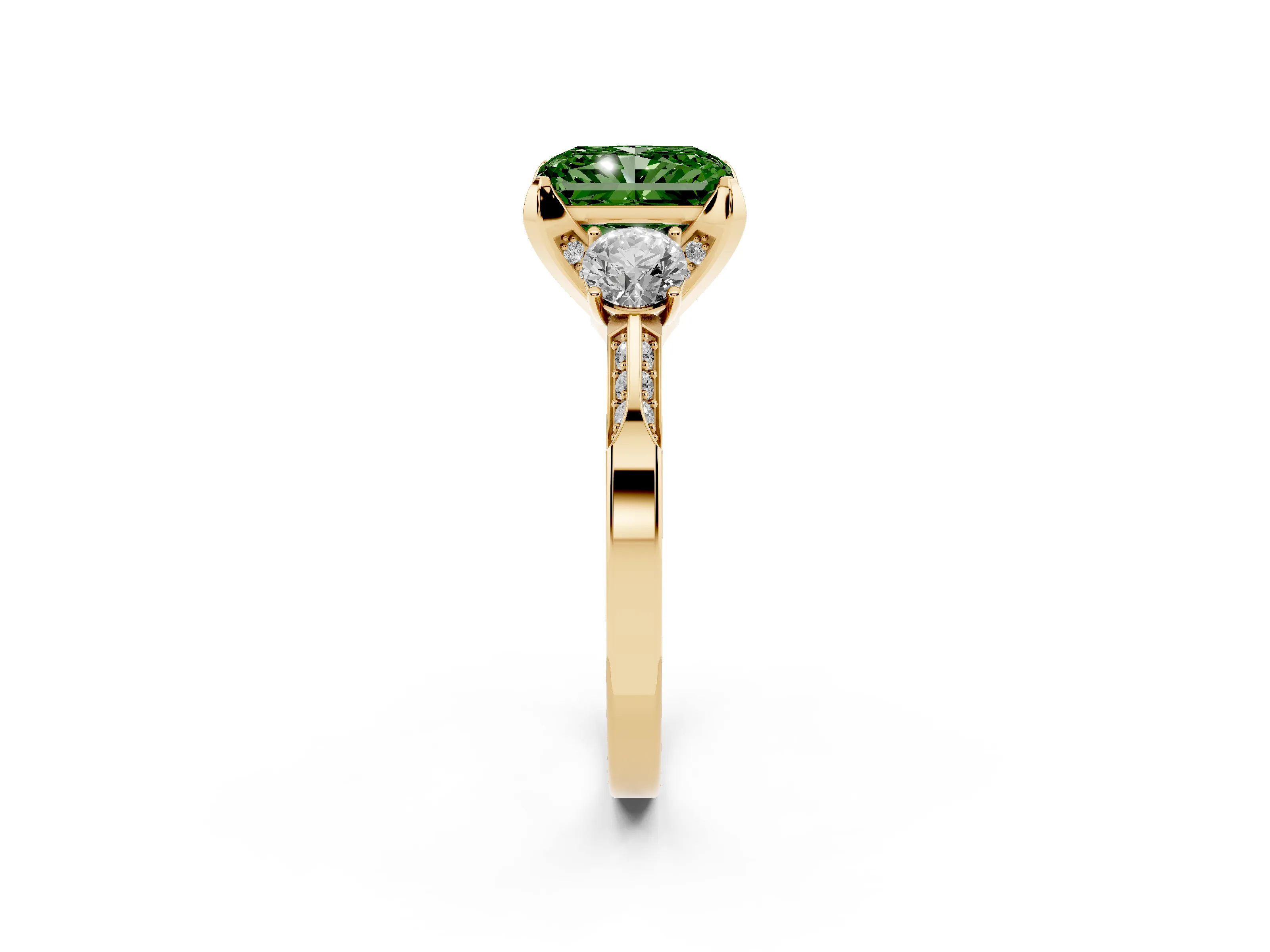 Fancy Green Radiant Cut Diamond Three-Stone Ring Set in Yellow gold with Pavé Band and Smaller Side Stones