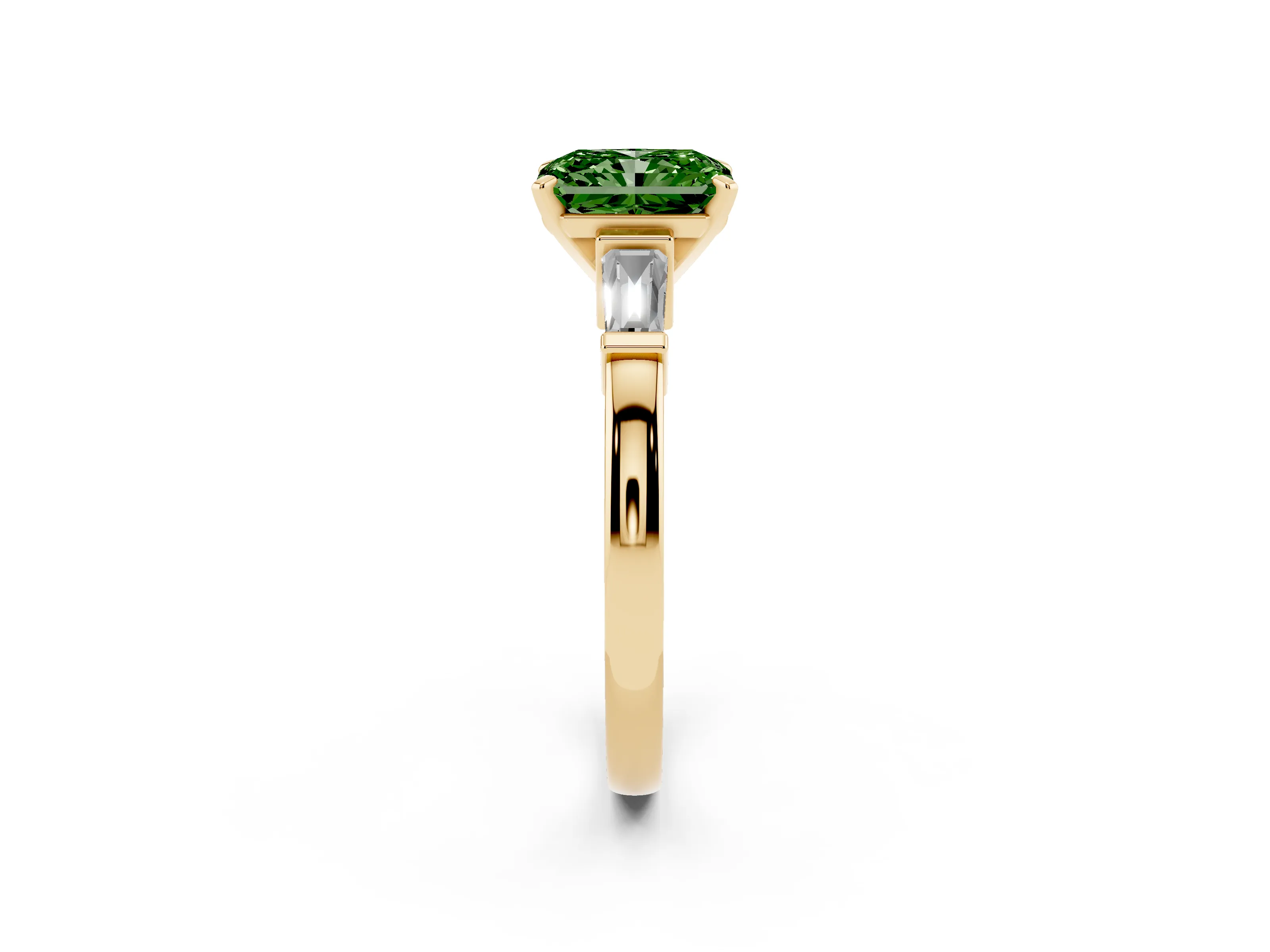 Fancy Green Radiant Cut Diamond Solitaire Ring Set in Yellow gold with Tapered Baguette Accents and Prong Setting