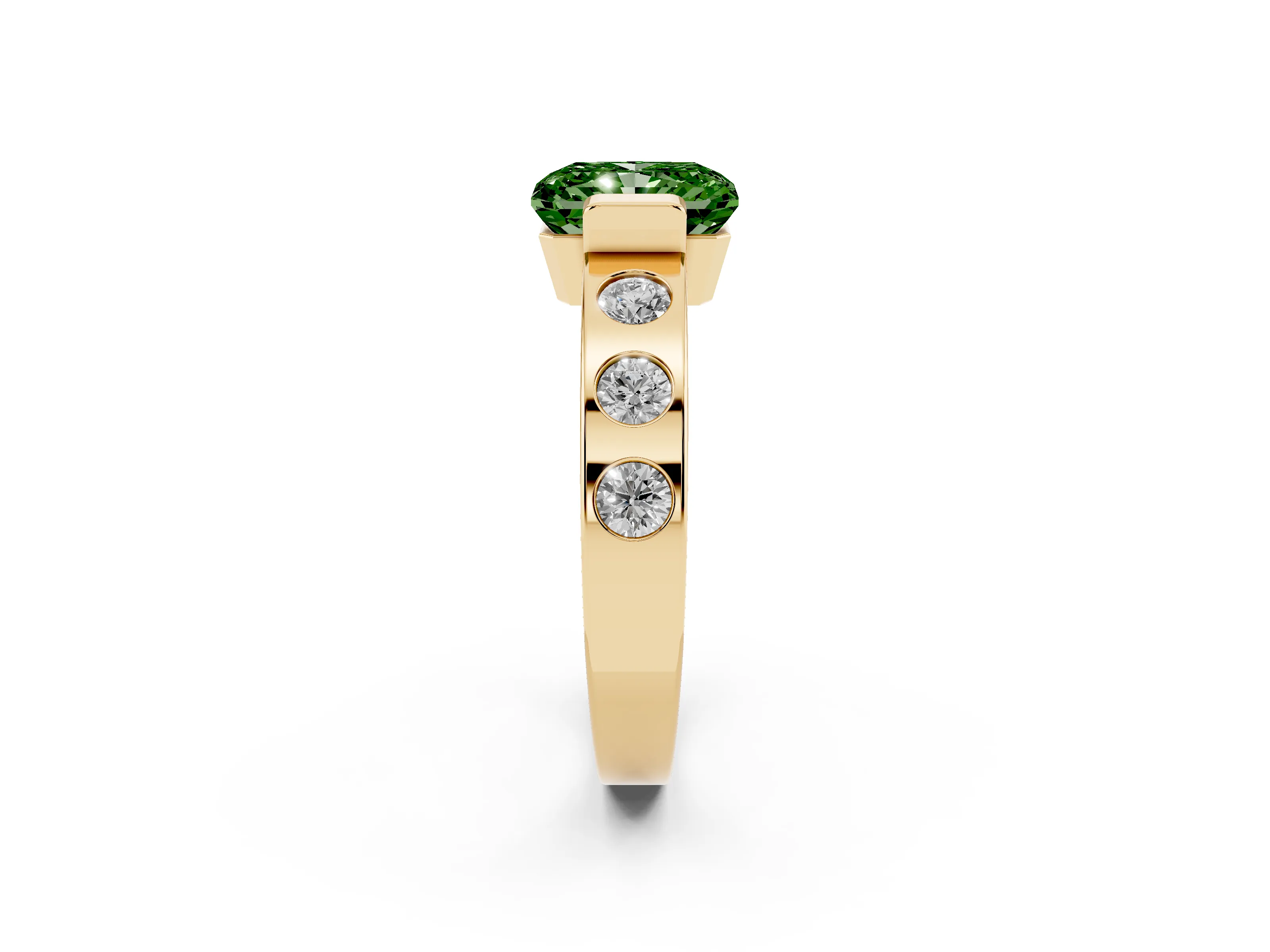 Fancy Green Radiant Cut Diamond Channel-Set Band Ring Set in Yellow gold with Bezel Prong Setting
