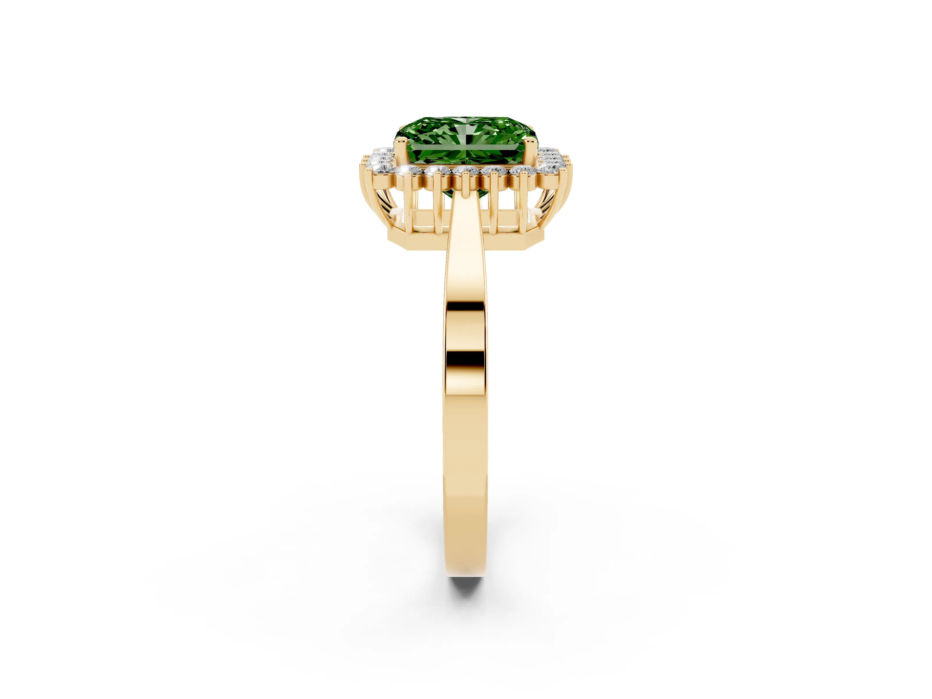 Fancy Green Radiant Cut Diamond Halo Ring Set in Yellow gold with Round Halo and Smooth Solitaire Band