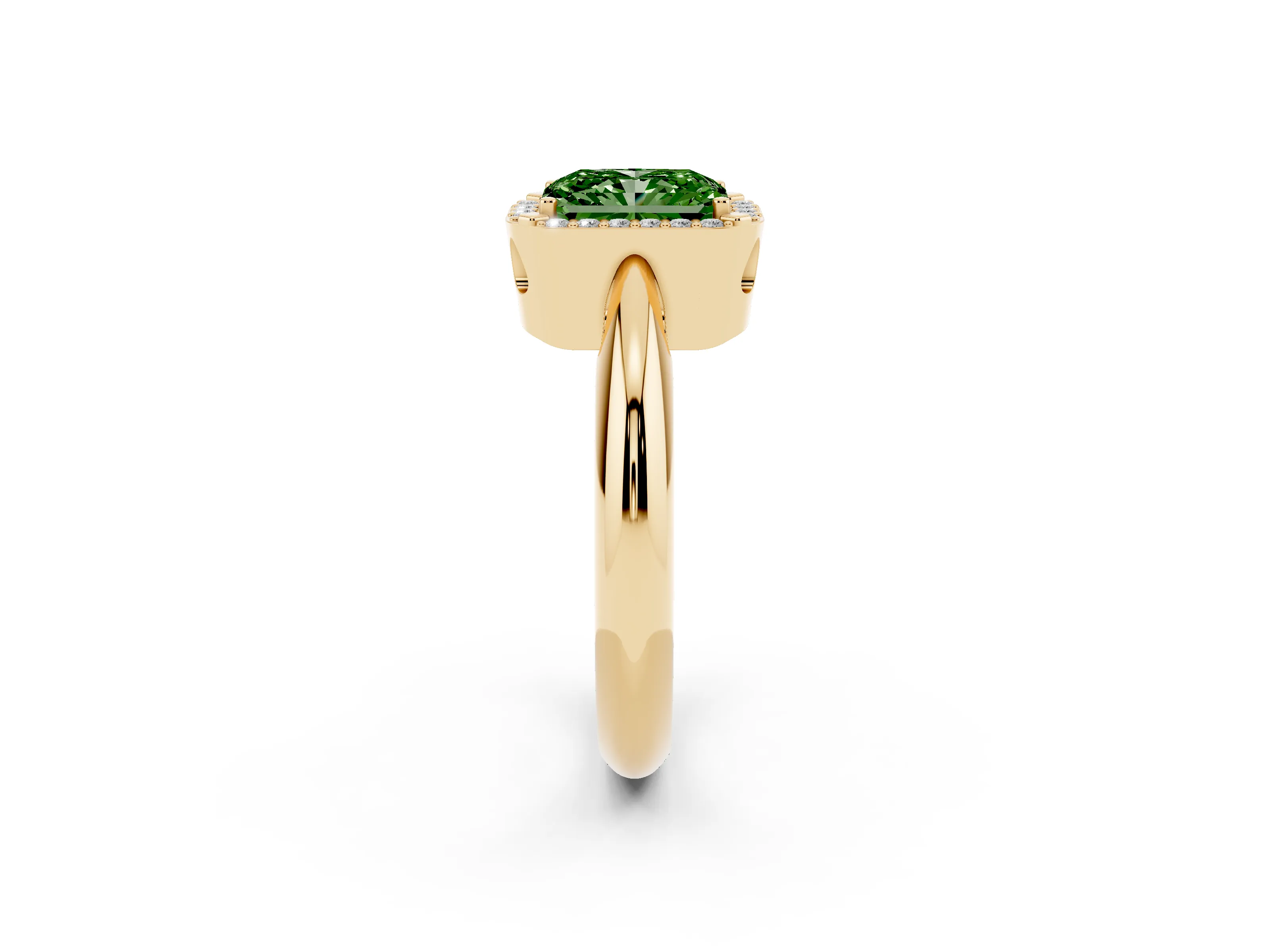 Fancy Green Radiant Cut Diamond Halo Engagement Ring Set in Yellow gold with Plain Split Shank and Prong Setting