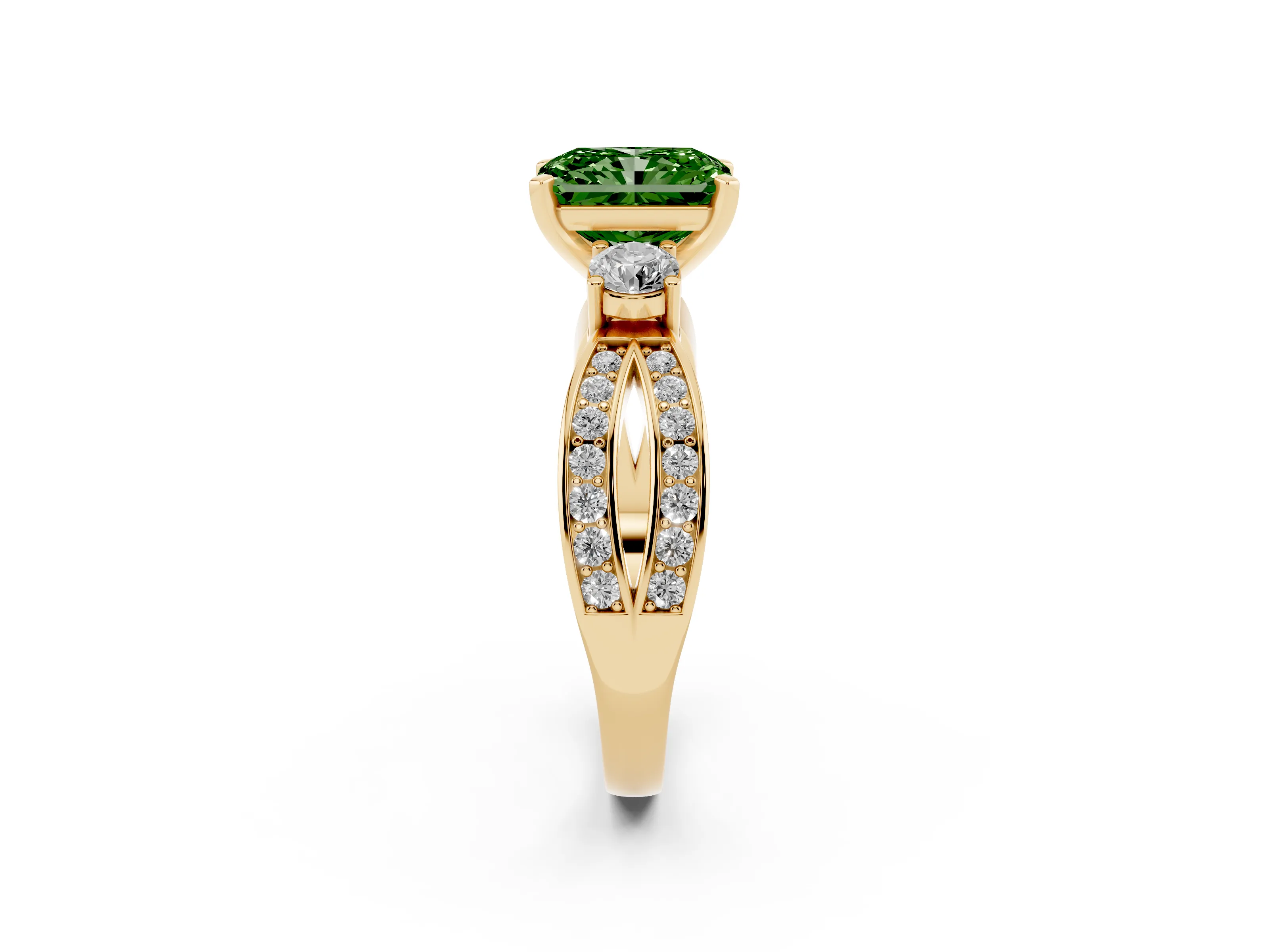 Fancy Green Three-Stone Radiant Cut Diamond Twist Band Ring Set in Yellow gold with Pavé Accents and Prong Setting