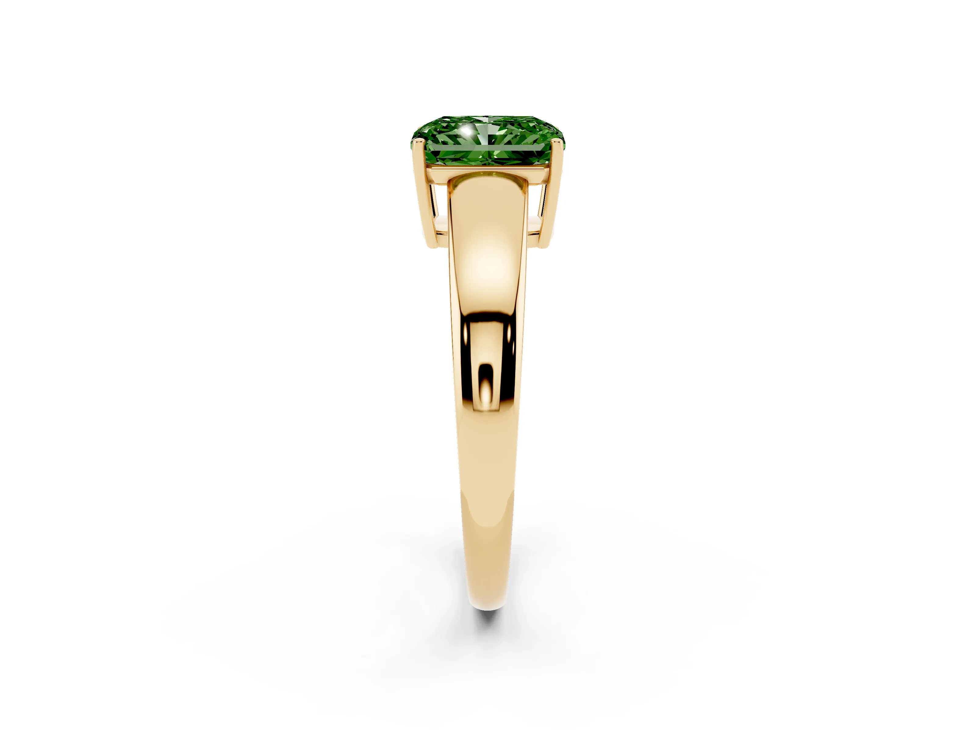 Fancy Green Radiant Cut Diamond Solitaire Ring Set in Yellow gold with Tapered Band and Prong Setting